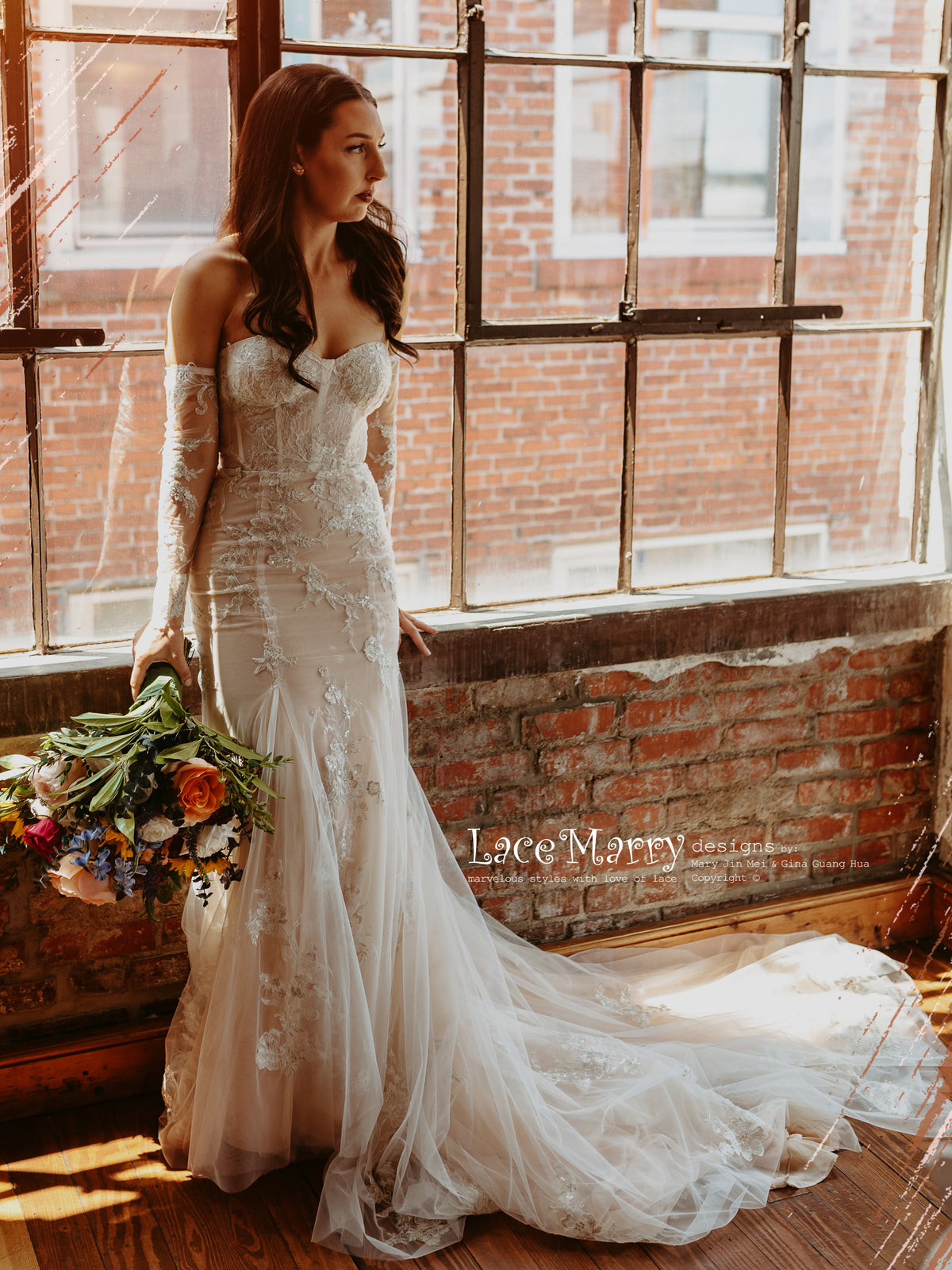 ROSALEEN / Strapless Wedding Dress with Long Removable Sleeves - LaceMarry