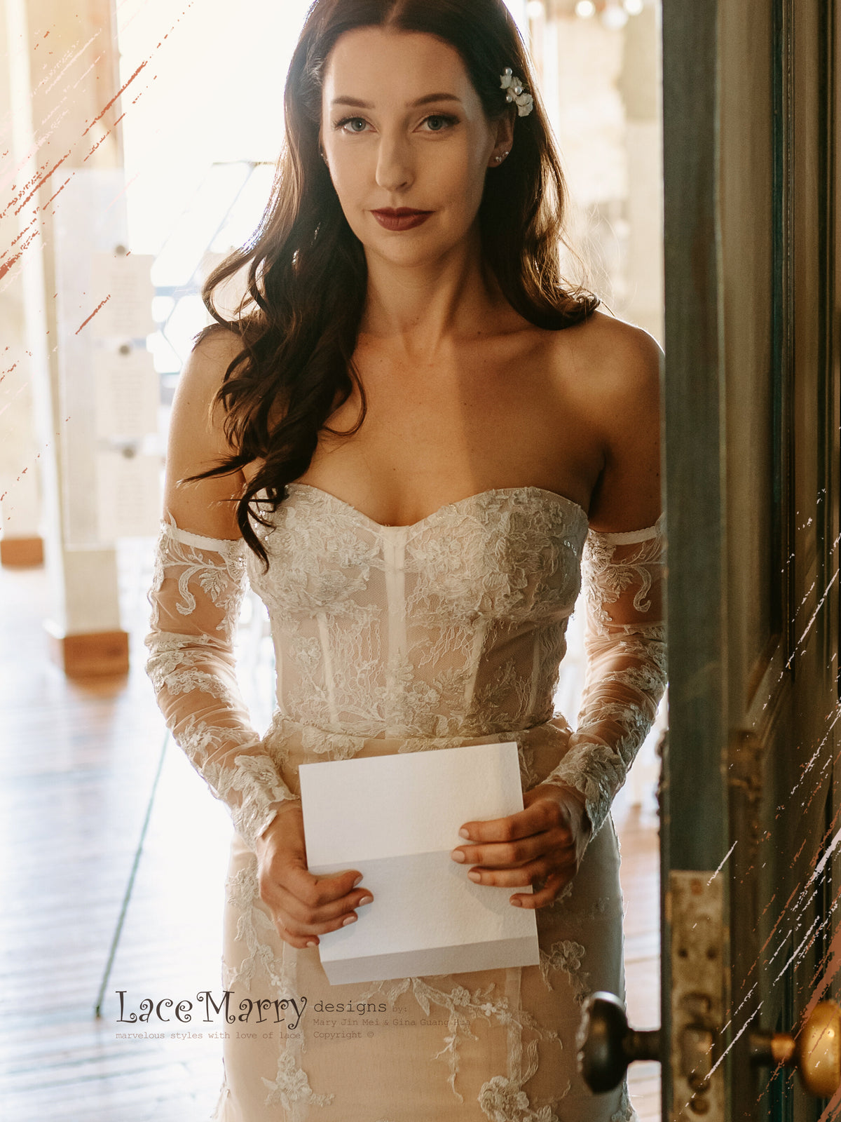 ROSALEEN / Strapless Wedding Dress with Long Removable Sleeves - LaceMarry ROSALEEN / Strapless Wedding Dress with Long Removable Sleeves - LaceMarry