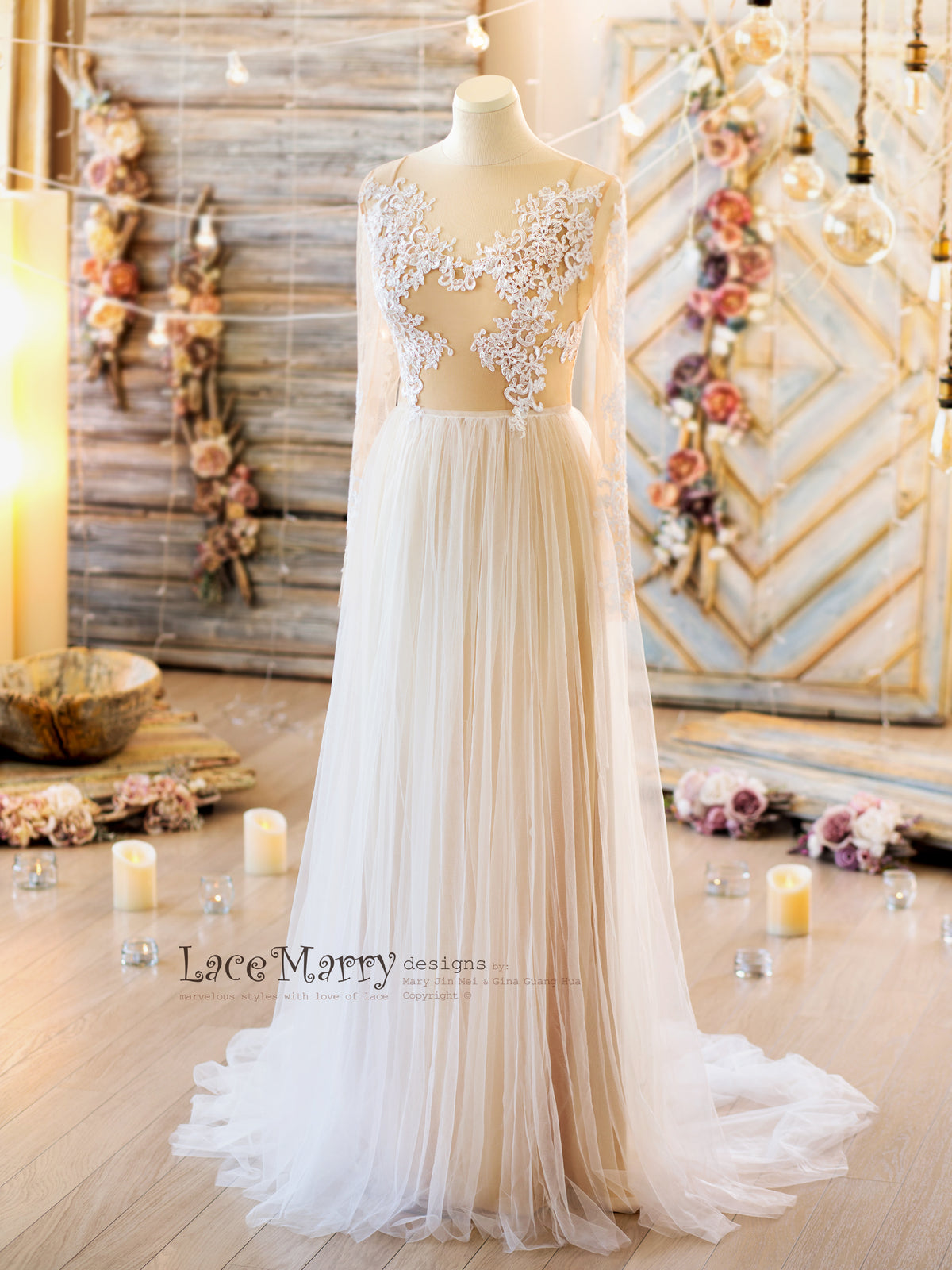 Boho Beach Wedding Dress with Long Lace Sleeves