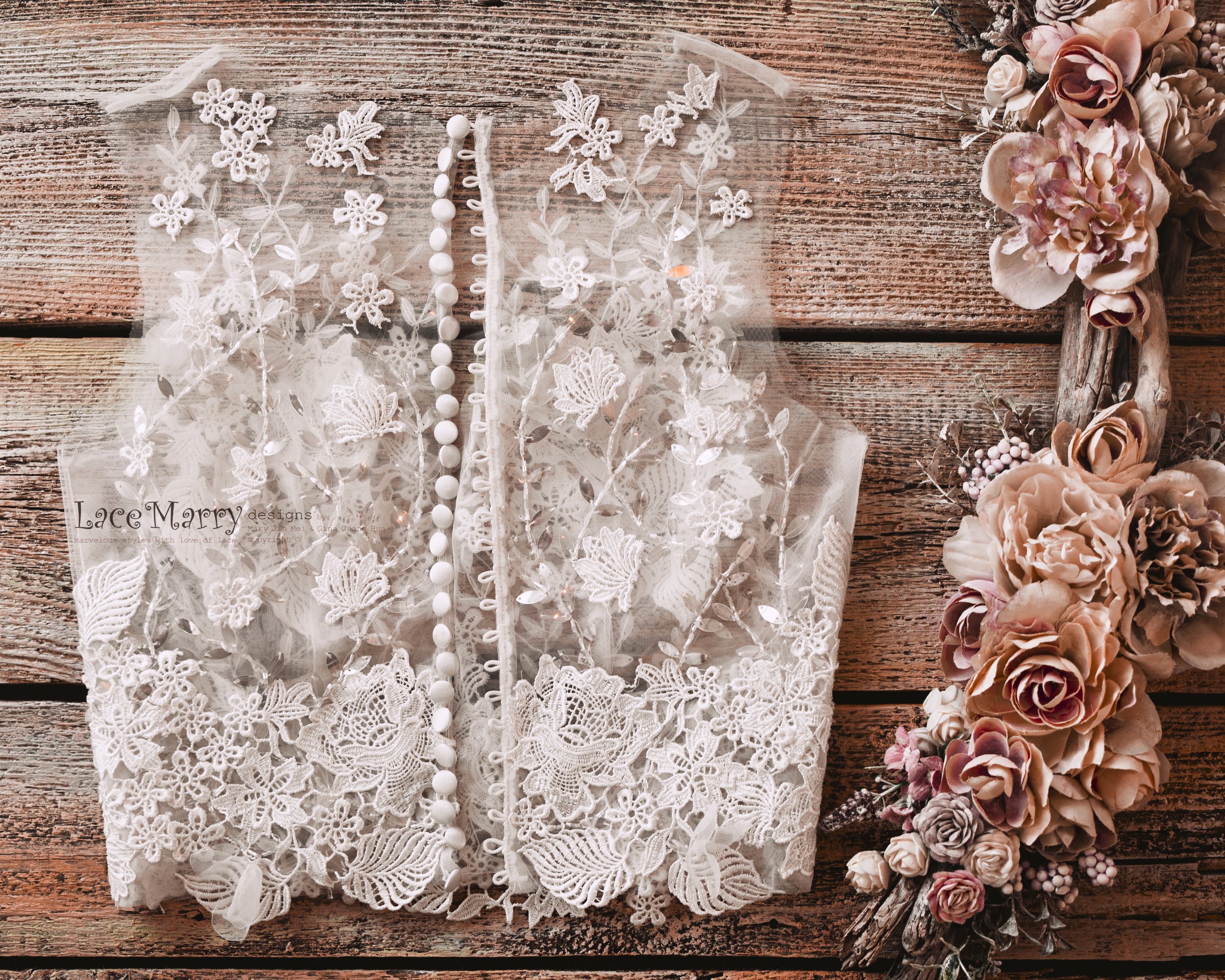 Transparent Lace Wedding Bolero with Ivory 3D Flower Appliqués