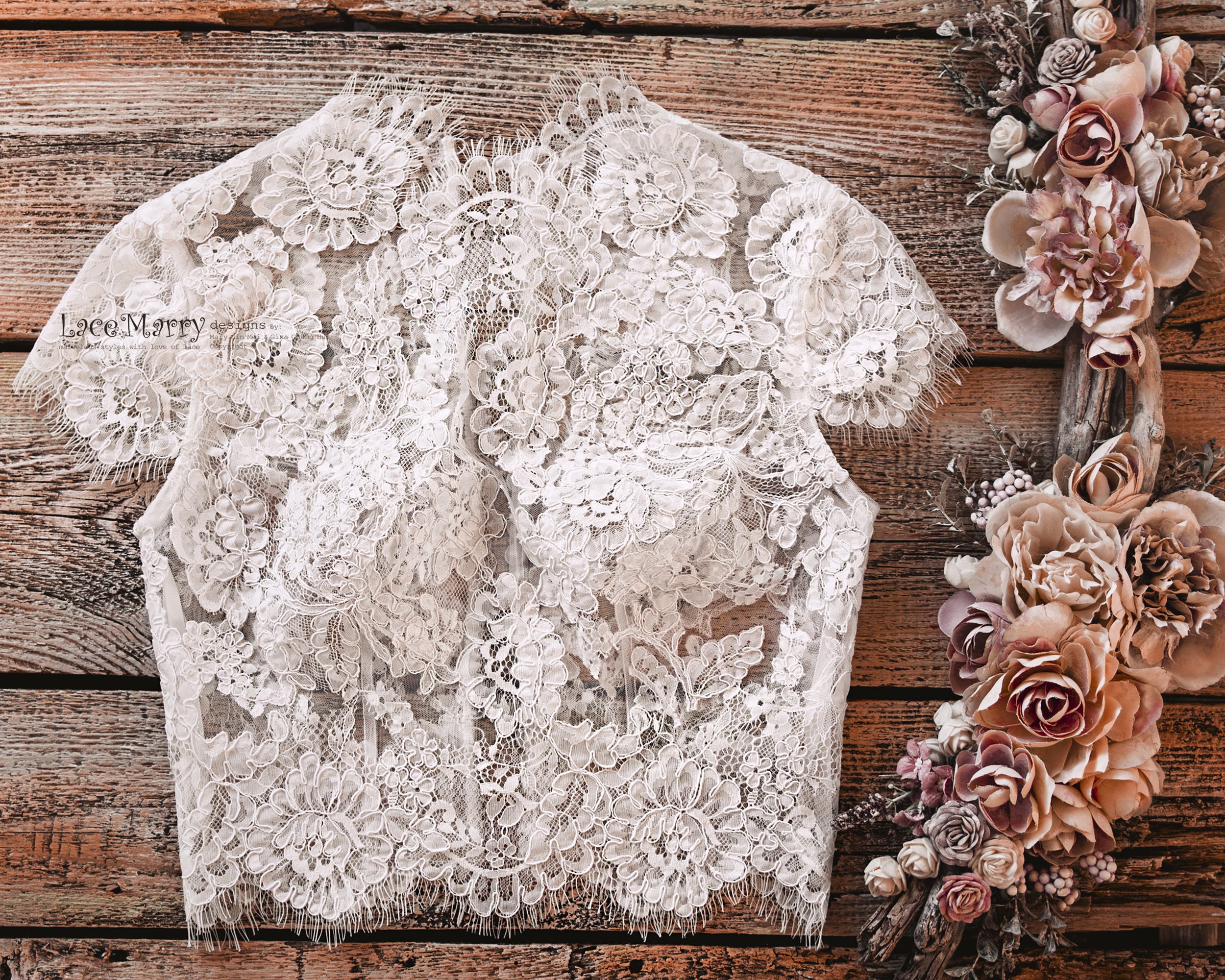 Custom Bridal Lace Top with Cap Sleeves and High Collar - LaceMarry Custom Bridal Lace Top with Cap Sleeves and High Collar - LaceMarry