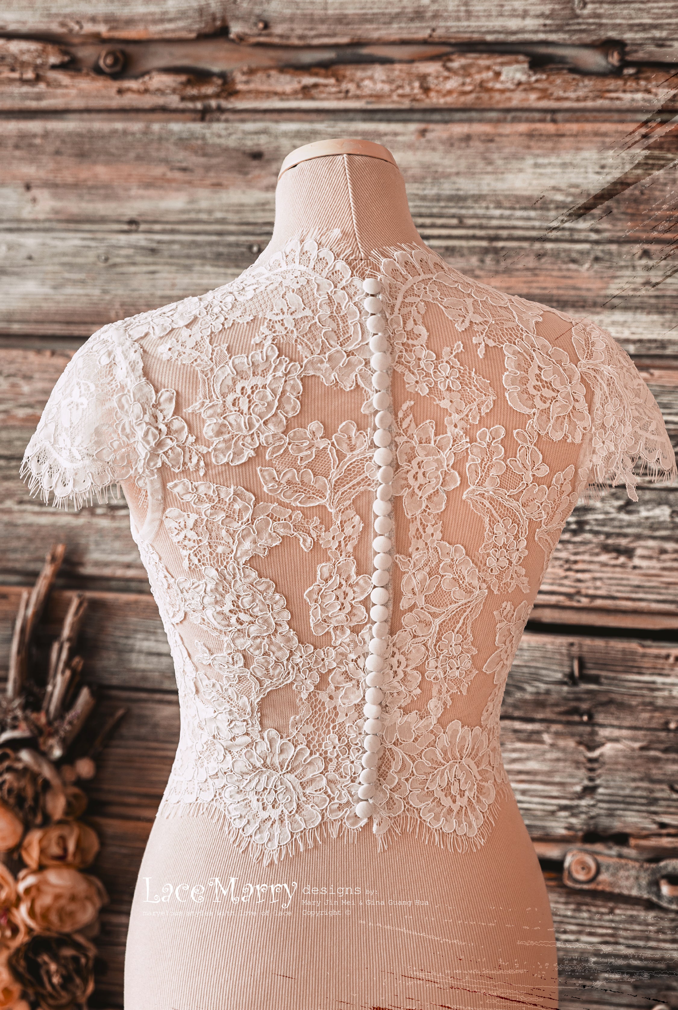 Custom Bridal Lace Top with Cap Sleeves and High Collar