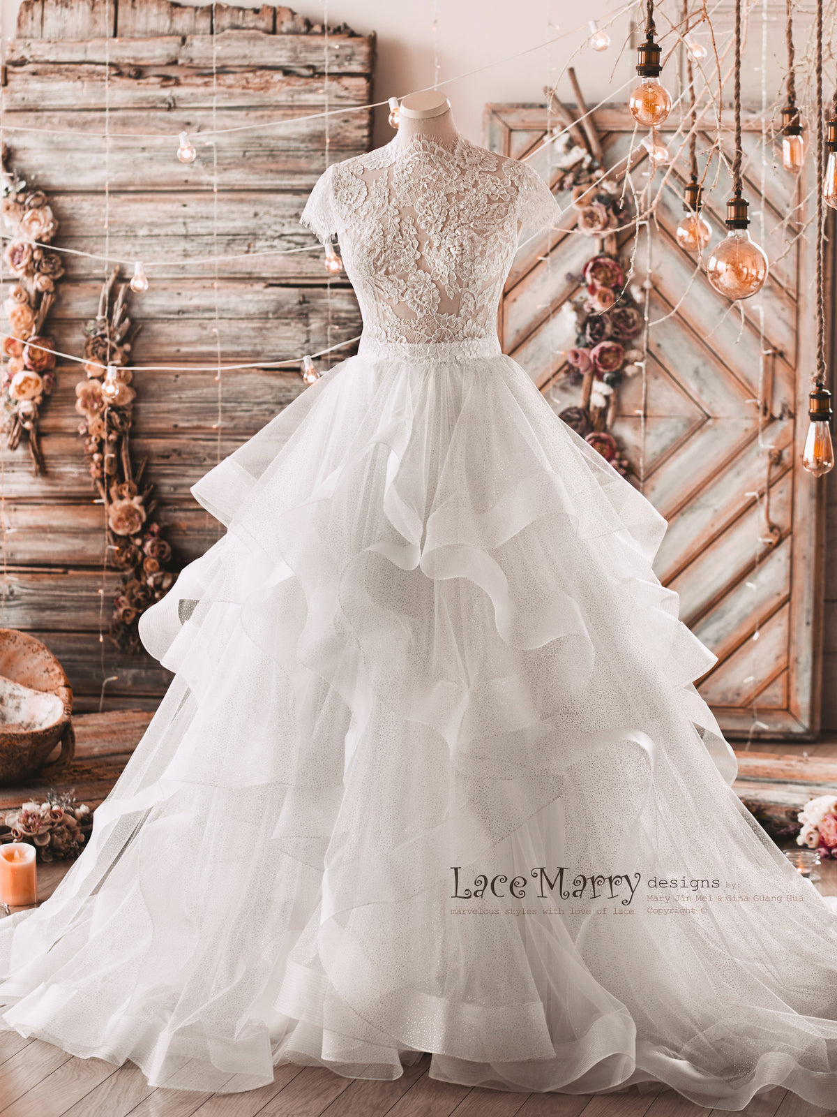 Wedding Dress with Multi Layer A Line Skirt and Lace Top