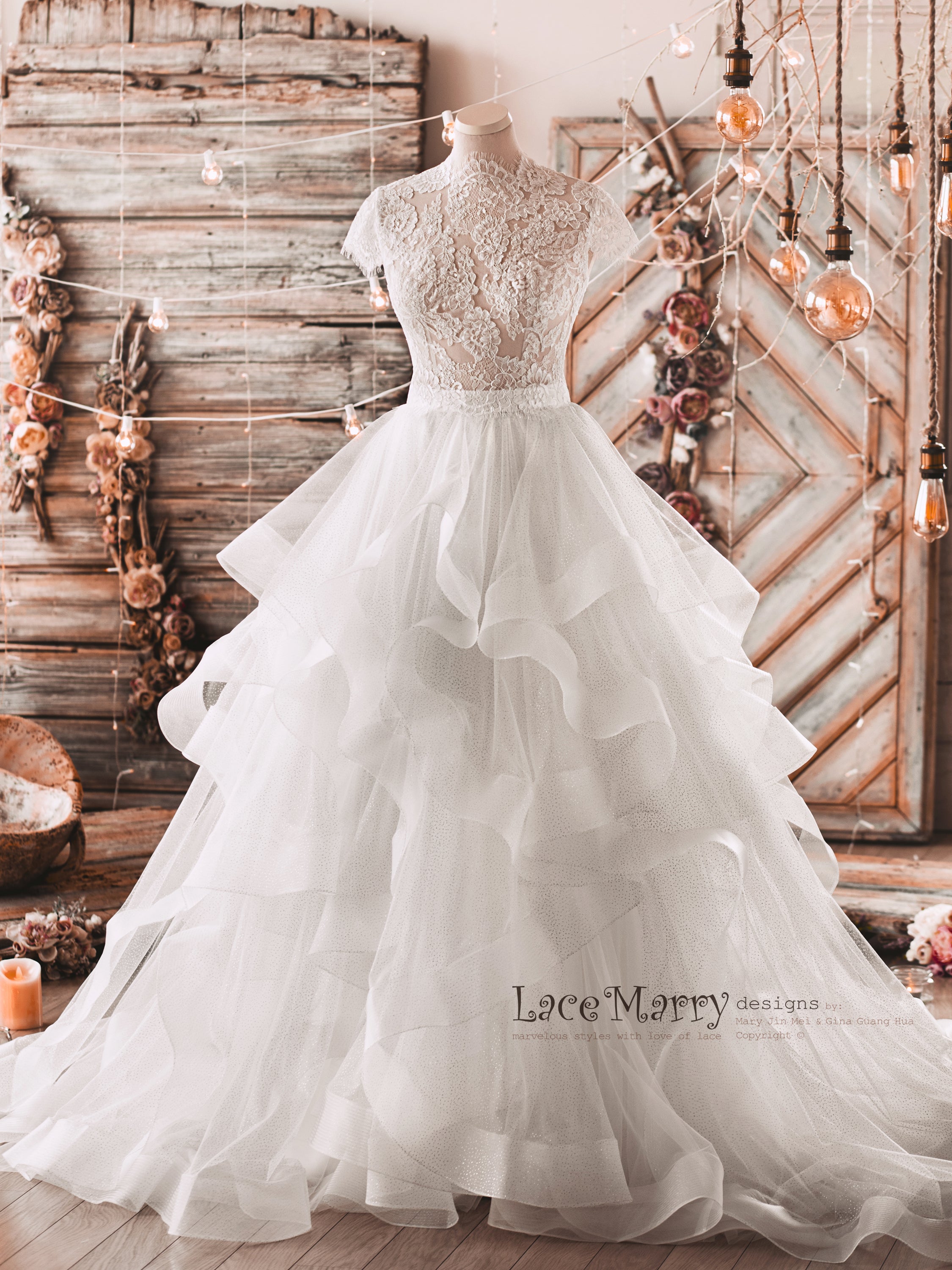 Wedding Dress with Multi Layer A Line Skirt and Lace Top - LaceMarry Wedding Dress with Multi Layer A Line Skirt and Lace Top - LaceMarry