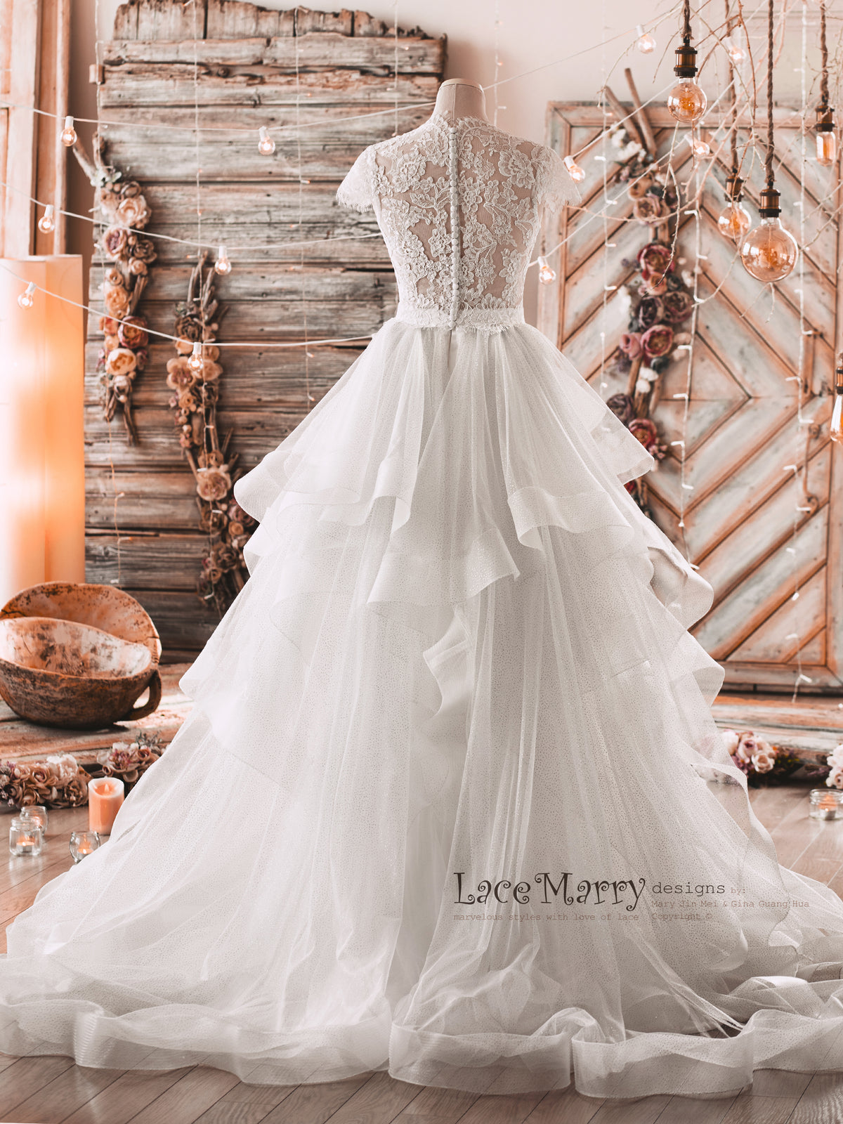 Wedding Dress with Multi Layer A Line Skirt and Lace Top LaceMarry