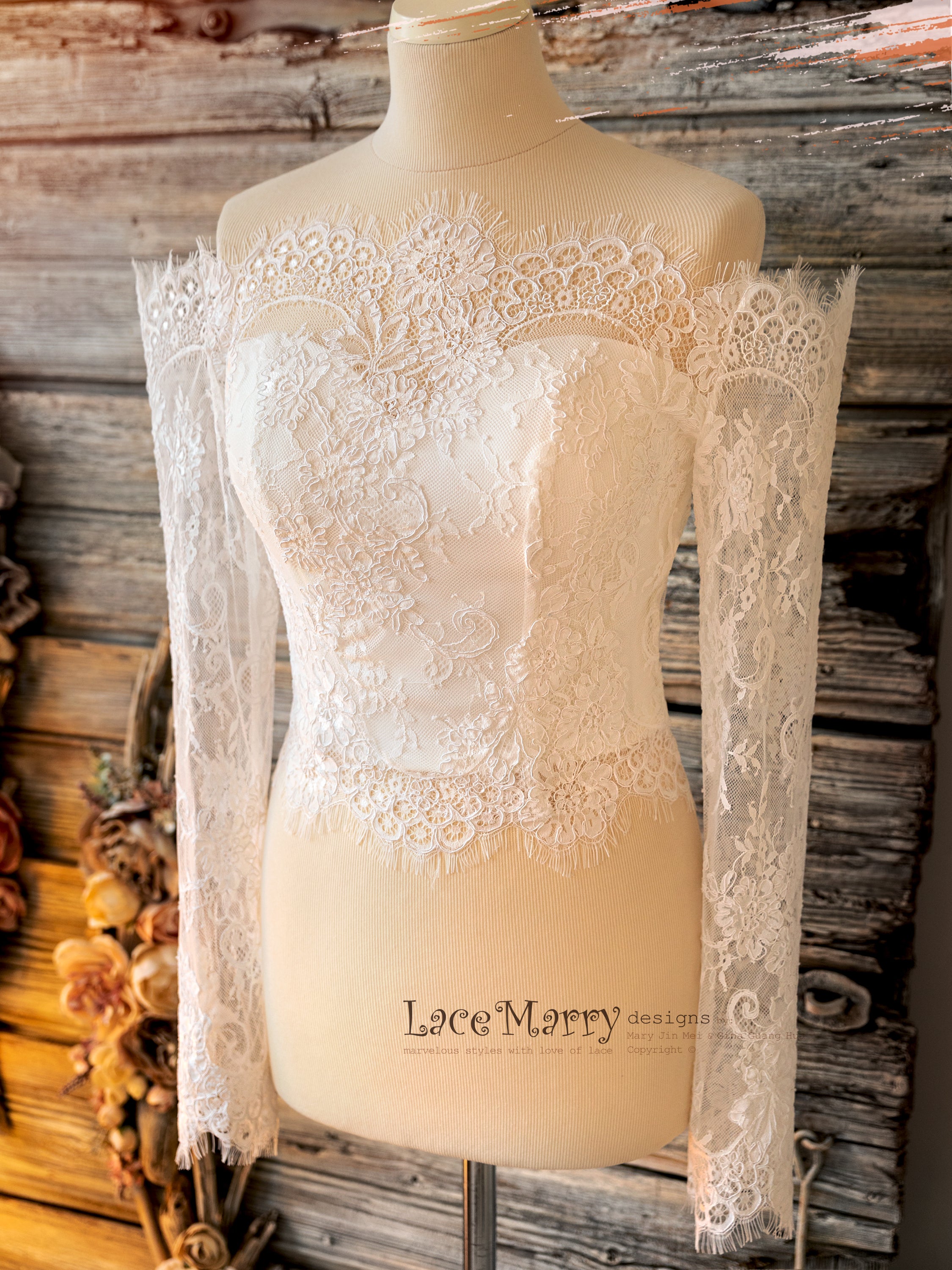 bolero wedding dress lace NATALIA #1 / Off Shoulder Lace Bolero with Long Sleeves and Bustier