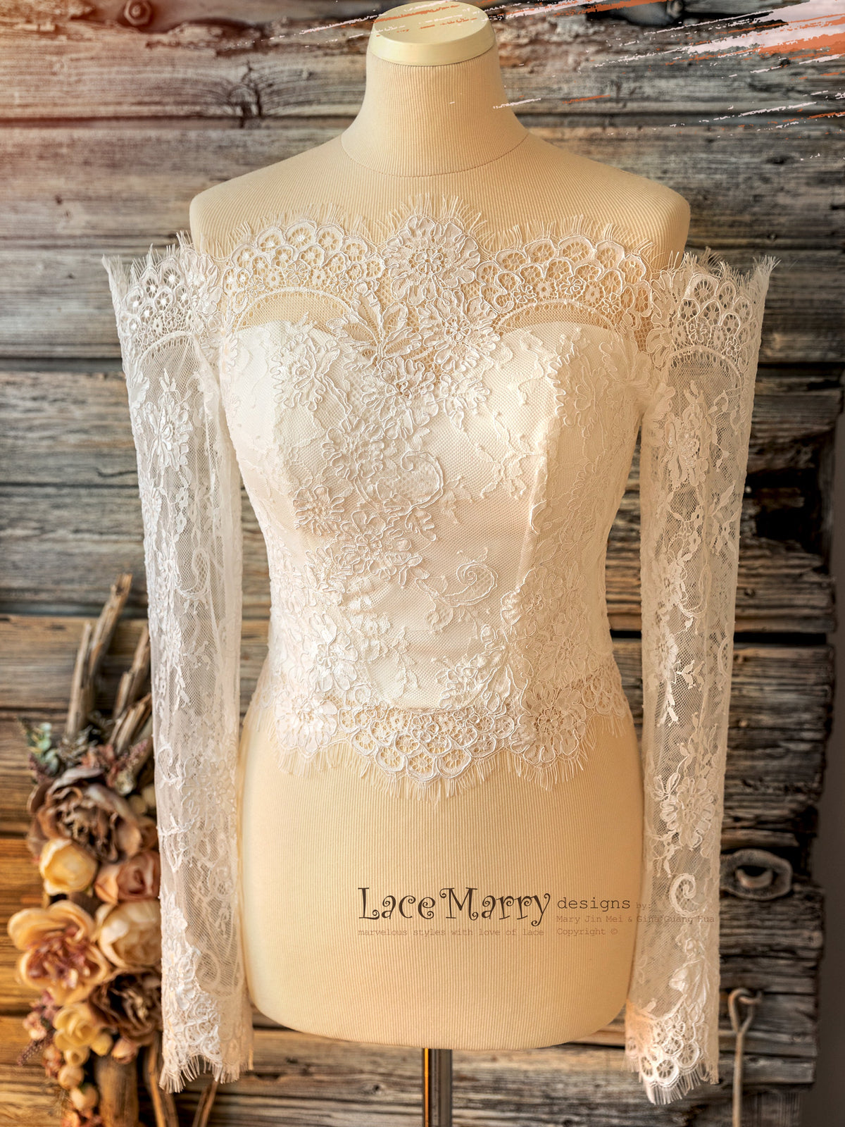 NATALIA #1 / Off Shoulder Bridal Crop Top with Long Sleeves