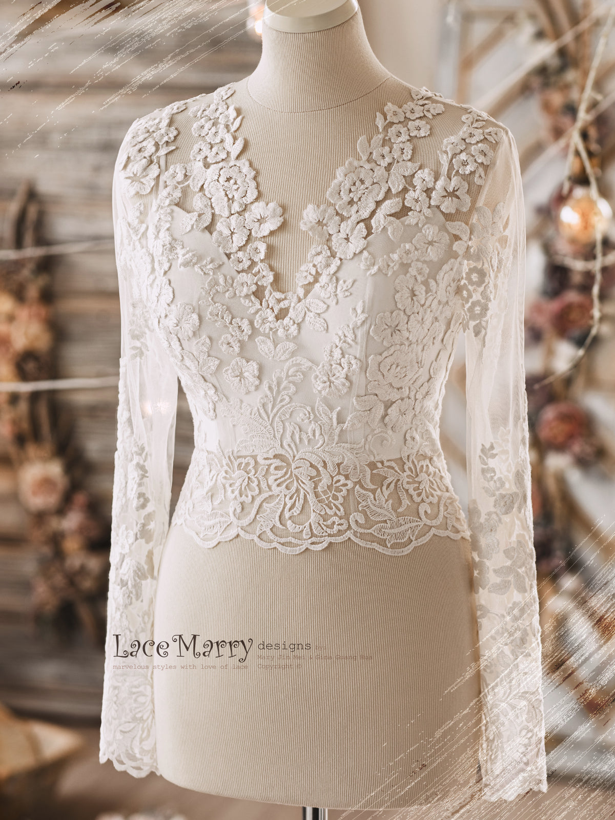 ERIKA #4 / Bridal Lace Topper with Long Sleeves - LaceMarry ERIKA #4 / Bridal Lace Topper with Long Sleeves - LaceMarry