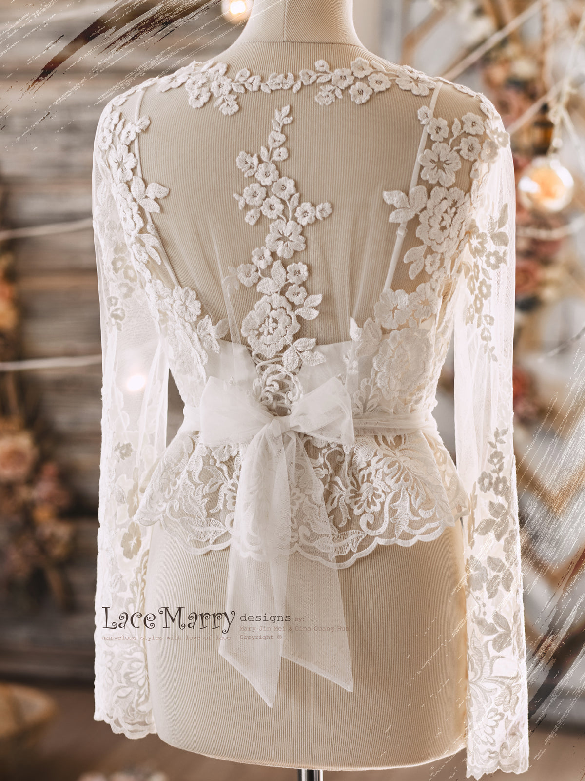 embroidered lace long sleeve dress topper Long Sleeve Lace Top Bridal Cover Up Beaded Wedding Dress Crop Top Ivory Embellished Bolero Floral Lace Embroidered Shrug Vintage, CAMERON