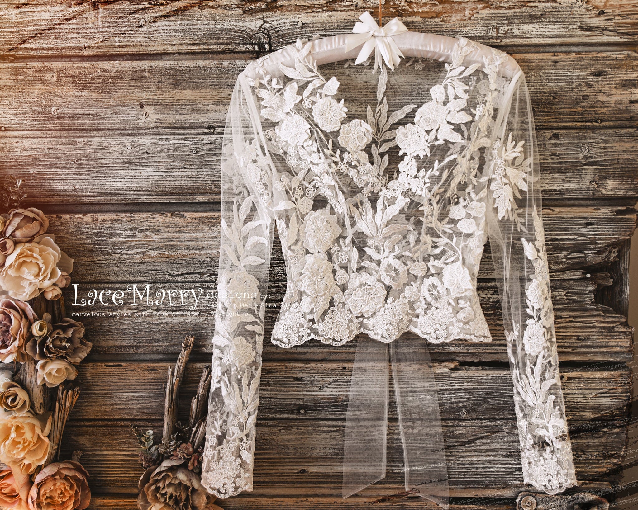 ERIKA #5 / Bridal Crop Top with Long Sleeves and Adjustable Fit - LaceMarry ERIKA #5 / Bridal Crop Top with Long Sleeves and Adjustable Fit - LaceMarry