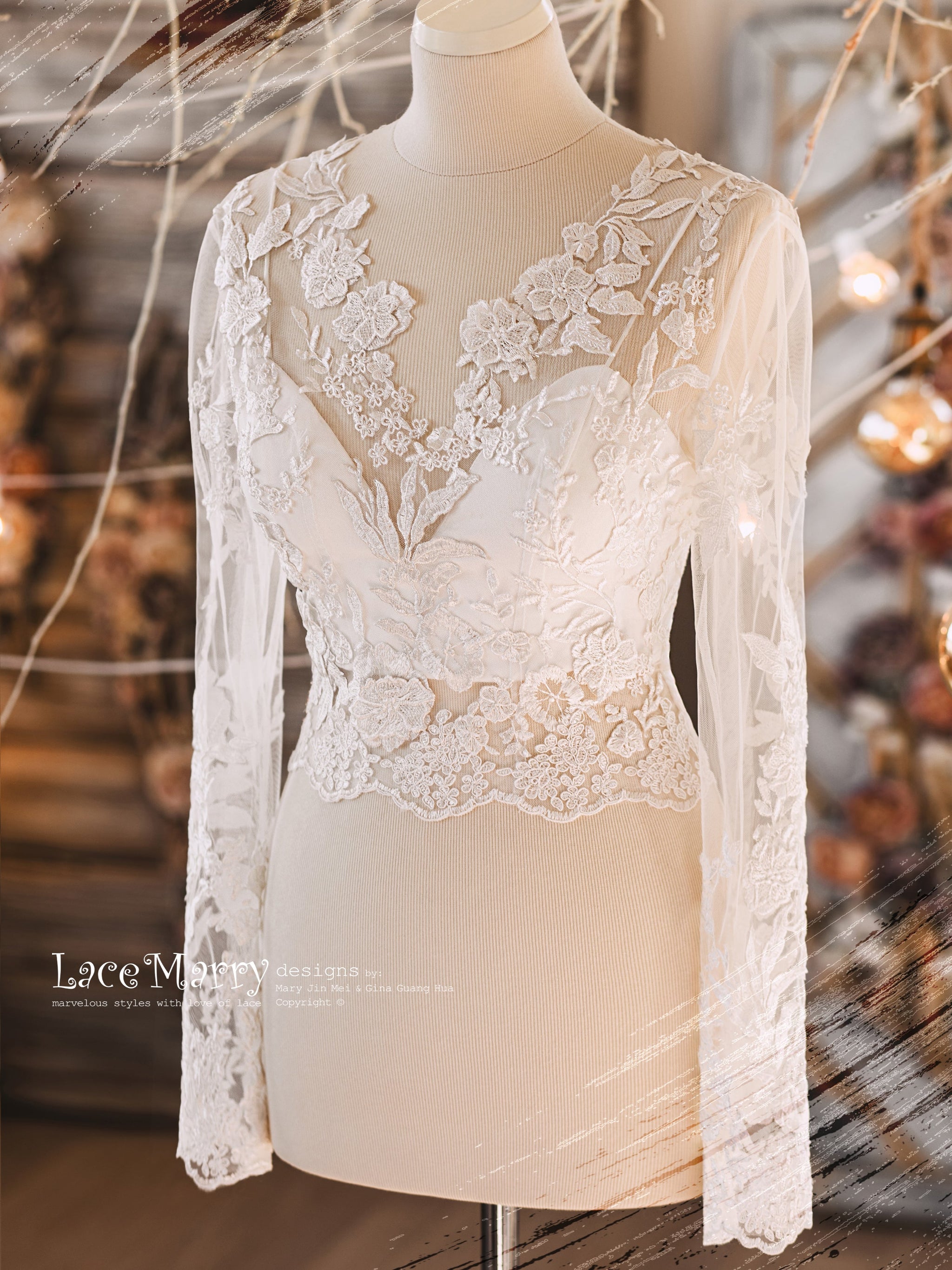 ERIKA #5 / Bridal Crop Top with Long Sleeves and Adjustable Fit - LaceMarry ERIKA #5 / Bridal Crop Top with Long Sleeves and Adjustable Fit - LaceMarry