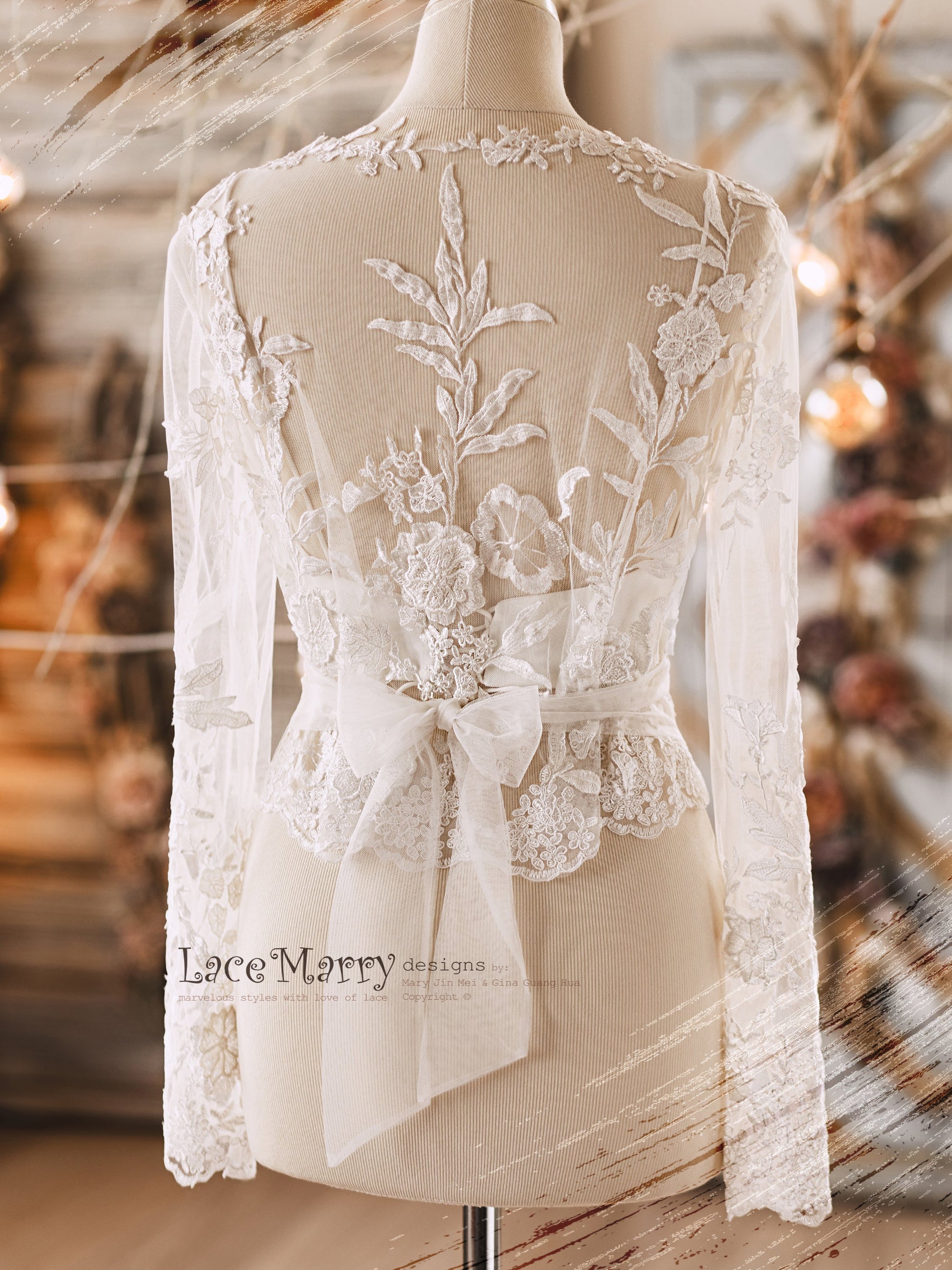 ERIKA #5 / Bridal Crop Top with Long Sleeves and Adjustable Fit - LaceMarry ERIKA #5 / Bridal Crop Top with Long Sleeves and Adjustable Fit - LaceMarry