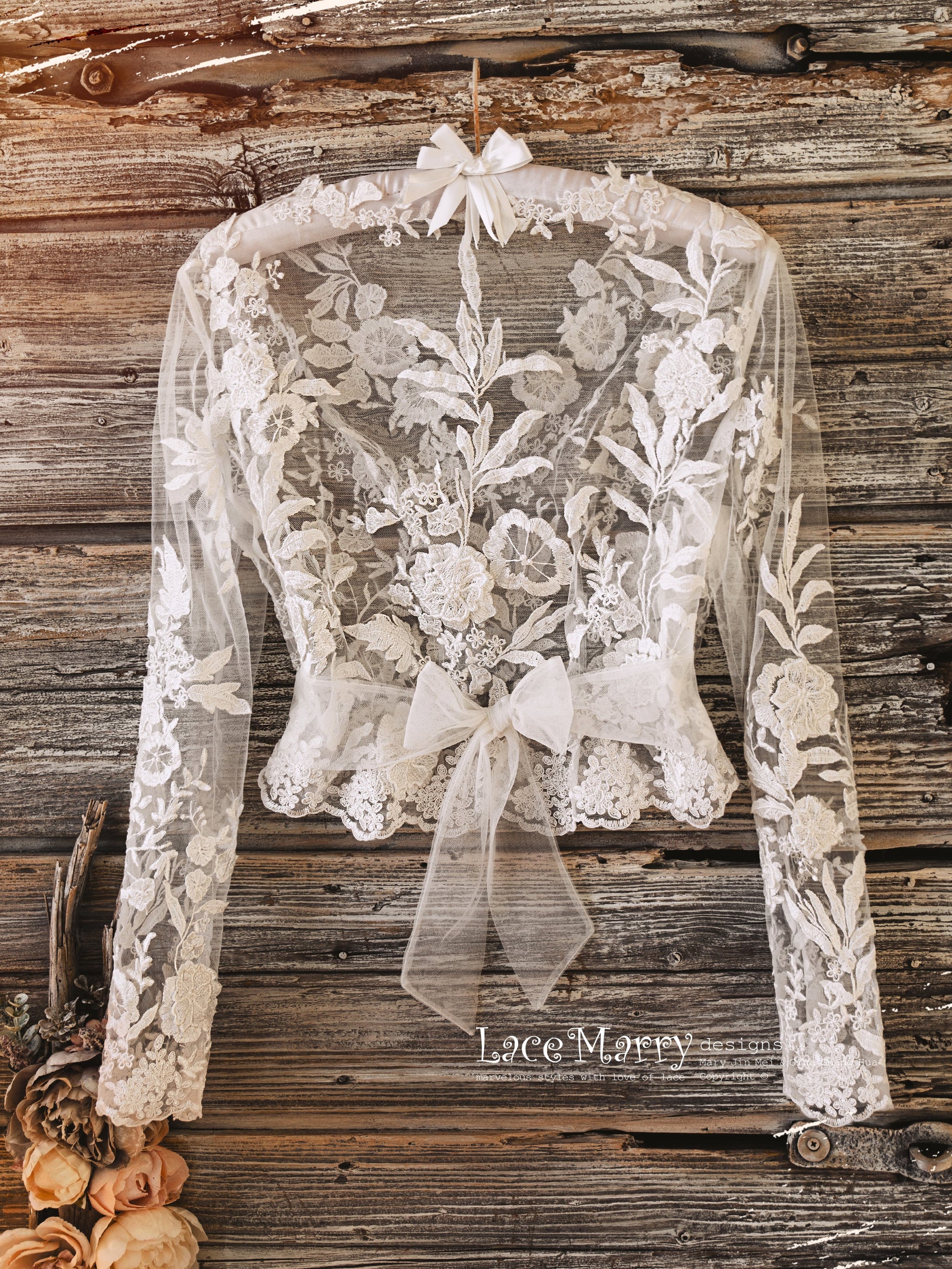 ERIKA #5 / Bridal Crop Top with Long Sleeves and Adjustable Fit - LaceMarry ERIKA #5 / Bridal Crop Top with Long Sleeves and Adjustable Fit - LaceMarry
