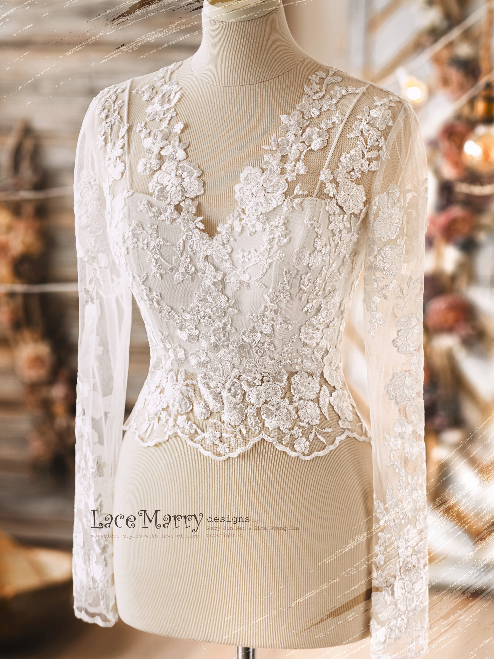 ERIKA #6 / Bridal Lace Topper with Long Sleeves - LaceMarry
