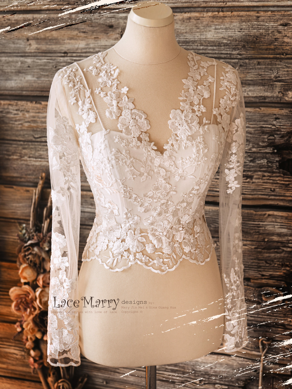 lace wedding dress topper Boat neck ivory bolero topper, X-Large Wedding dress topper beaded lace detachable sleeves 1 ERIKA #6 / Bridal Lace
