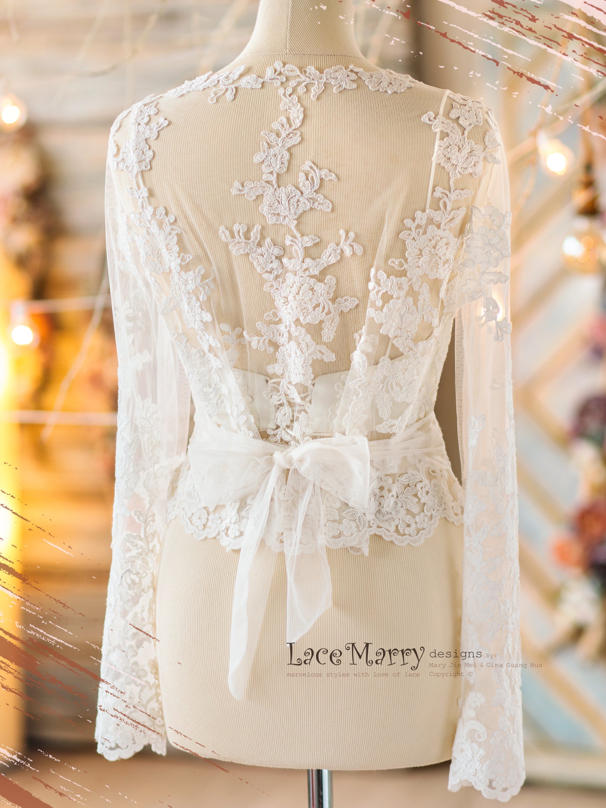 ERIKA #9 / V Neckline Lace Bolero with Long Lace Sleeves - LaceMarry ERIKA #9 / V Neckline Lace Bolero with Long Lace Sleeves - LaceMarry