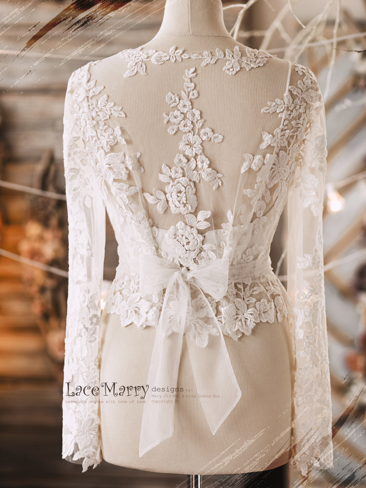 ERIKA #10 / Bridal Crop Top with Long Lacy Sleeves - LaceMarry ERIKA #10 / Bridal Crop Top with Long Lacy Sleeves - LaceMarry