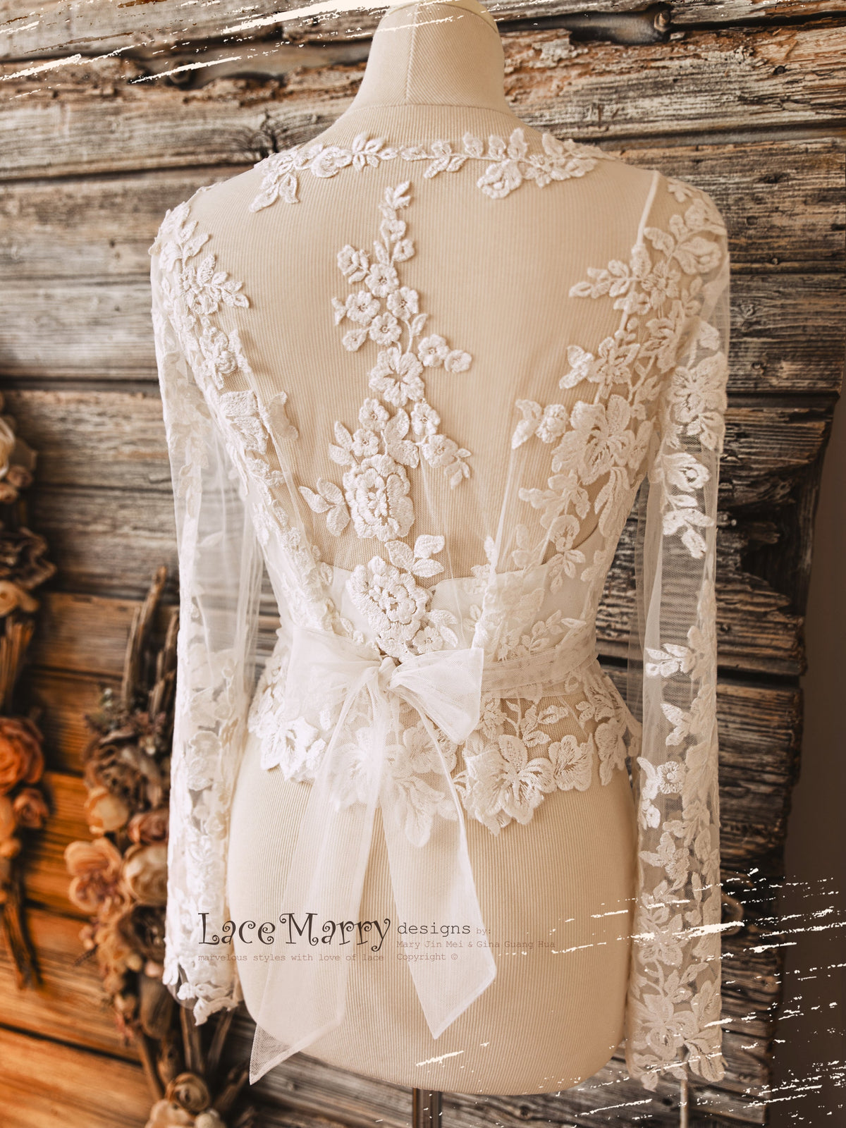 ERIKA #10 / Bridal Crop Top with Long Lacy Sleeves - LaceMarry ERIKA #10 / Bridal Crop Top with Long Lacy Sleeves - LaceMarry