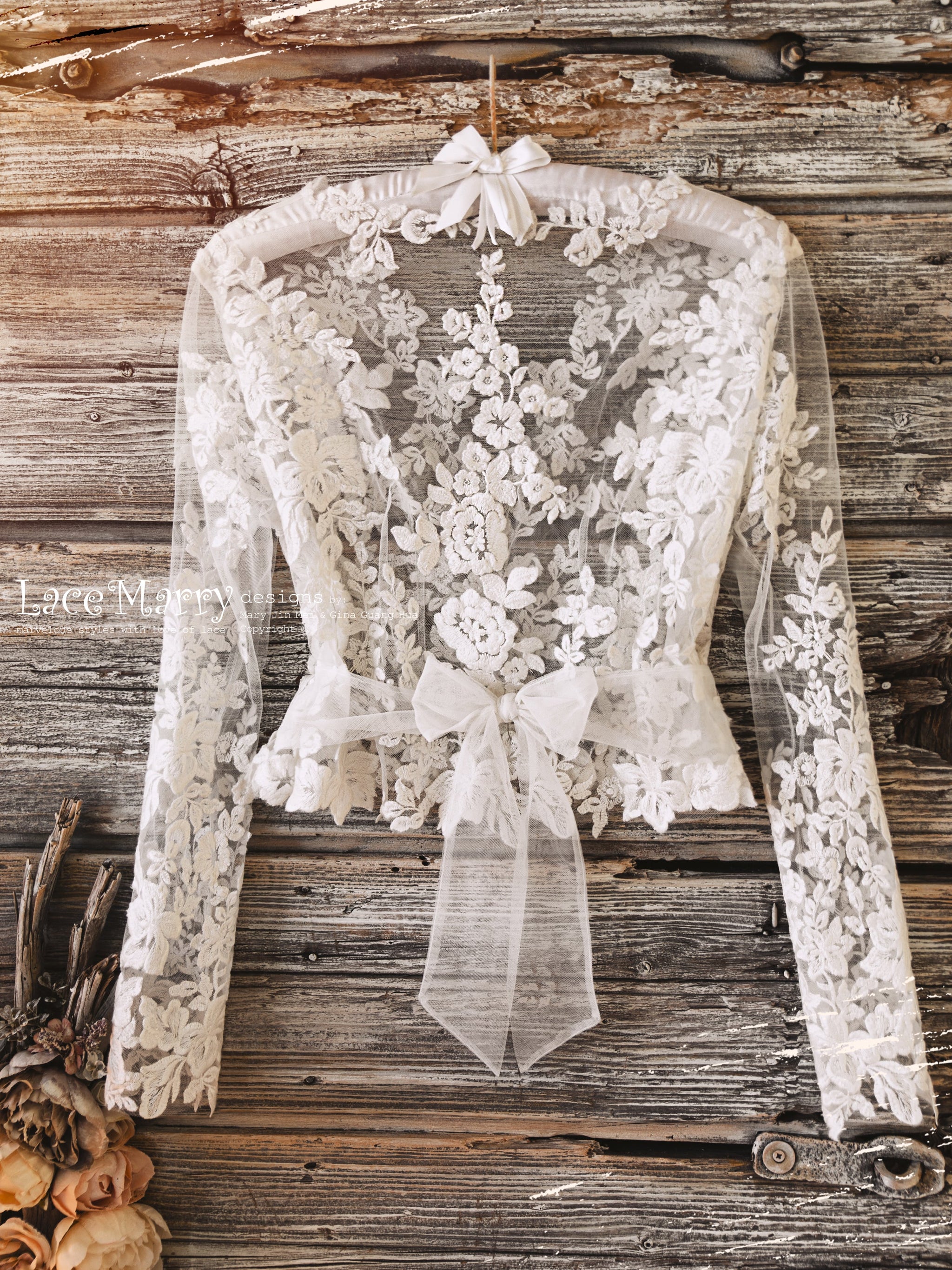 ERIKA #10 / Bridal Crop Top with Long Lacy Sleeves - LaceMarry