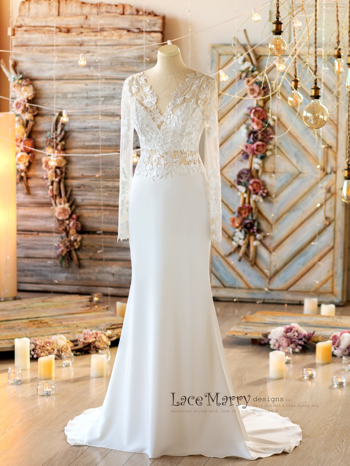 Fitted Skirt Wedding Dress with Long Lace Sleeves - LaceMarry Fitted Skirt Wedding Dress with Long Lace Sleeves - LaceMarry
