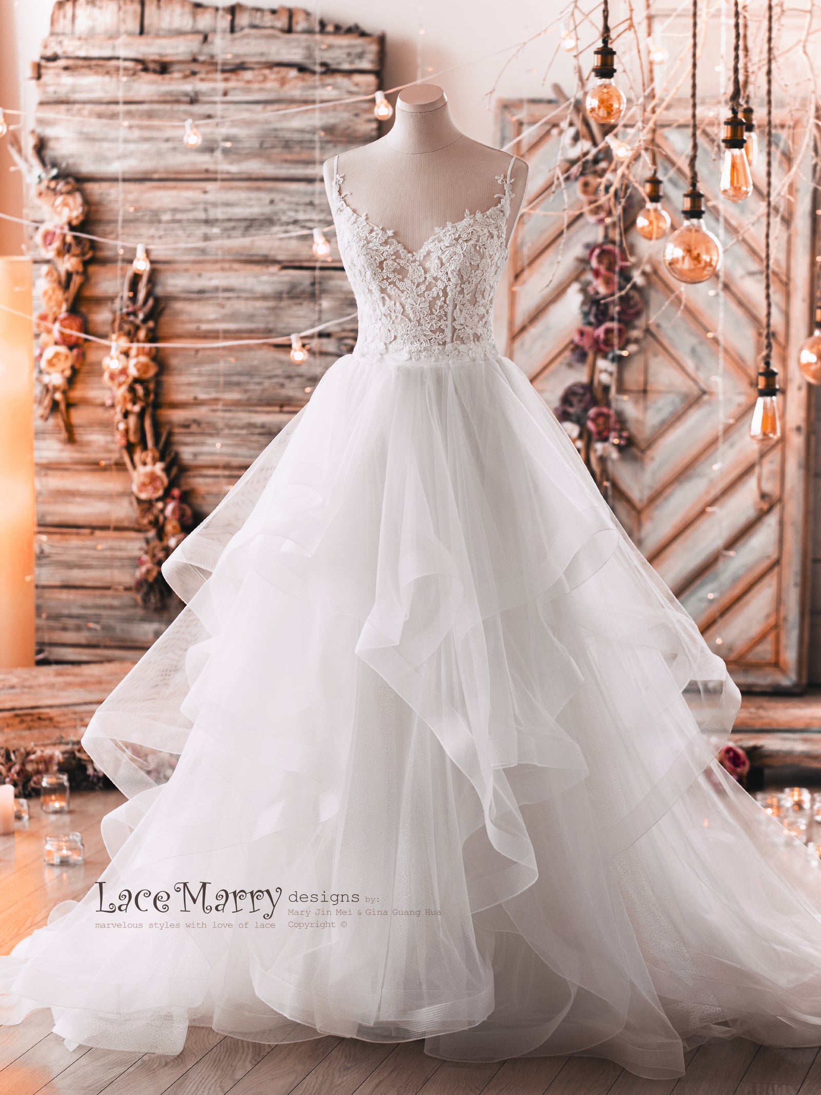 Two Piece Wedding Dress with Lace Top and A Line Skirt