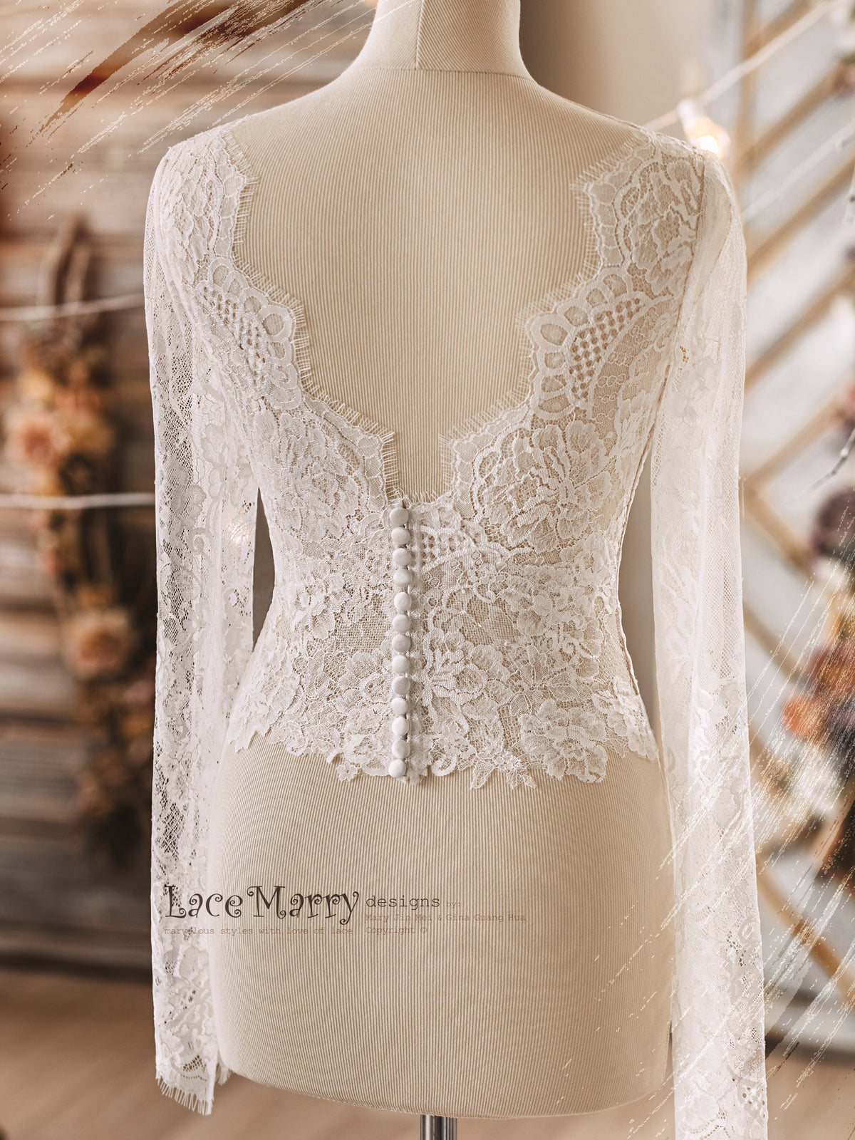 MALOU #1 / V Neckline Bridal Bolero with Long Sleeves