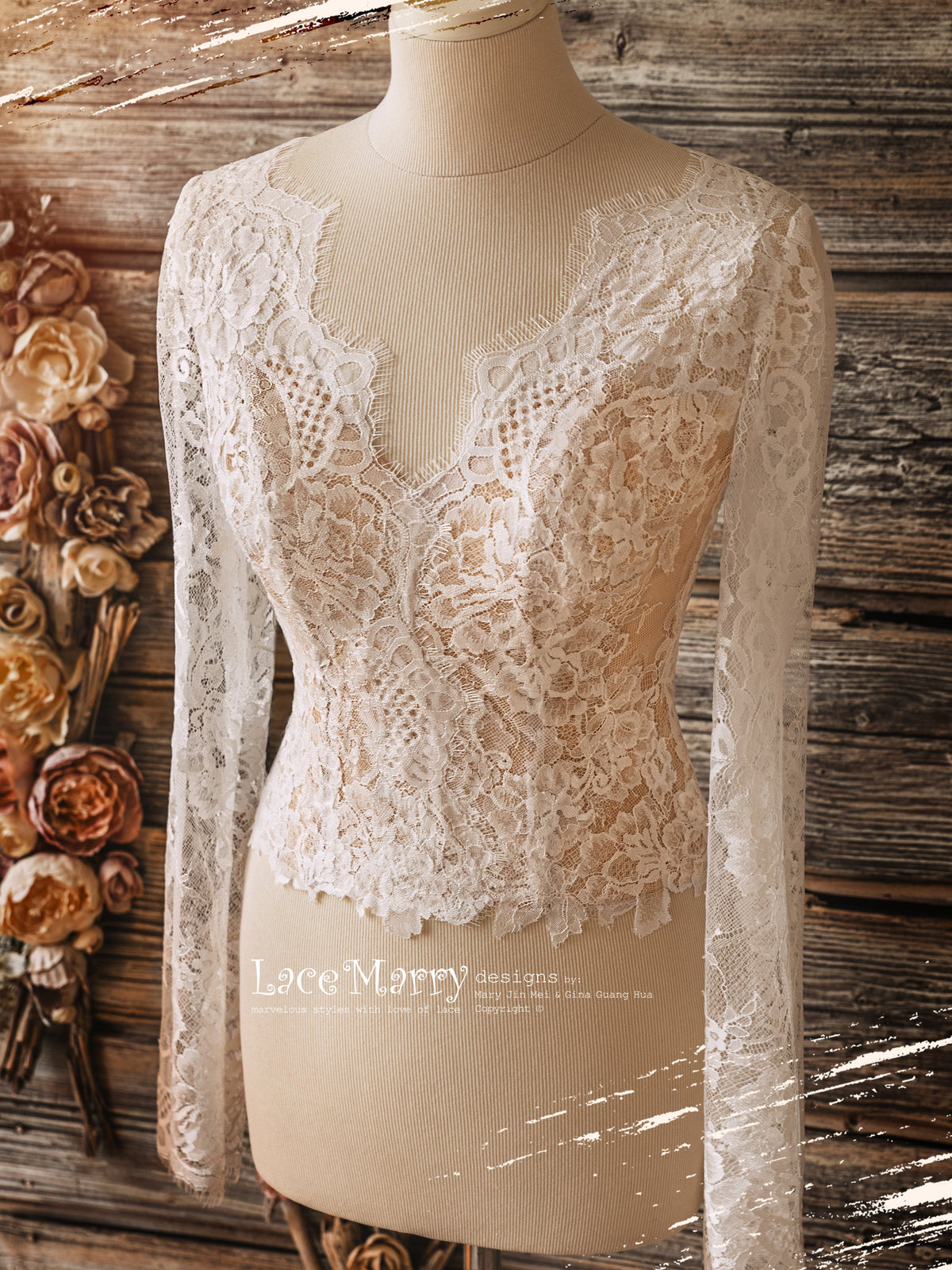 MALOU #1 / V Neckline Bridal Bolero with Long Sleeves
