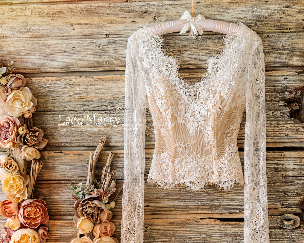 V Neck Lace Bridal Top with Long Sleeves LaceMarry