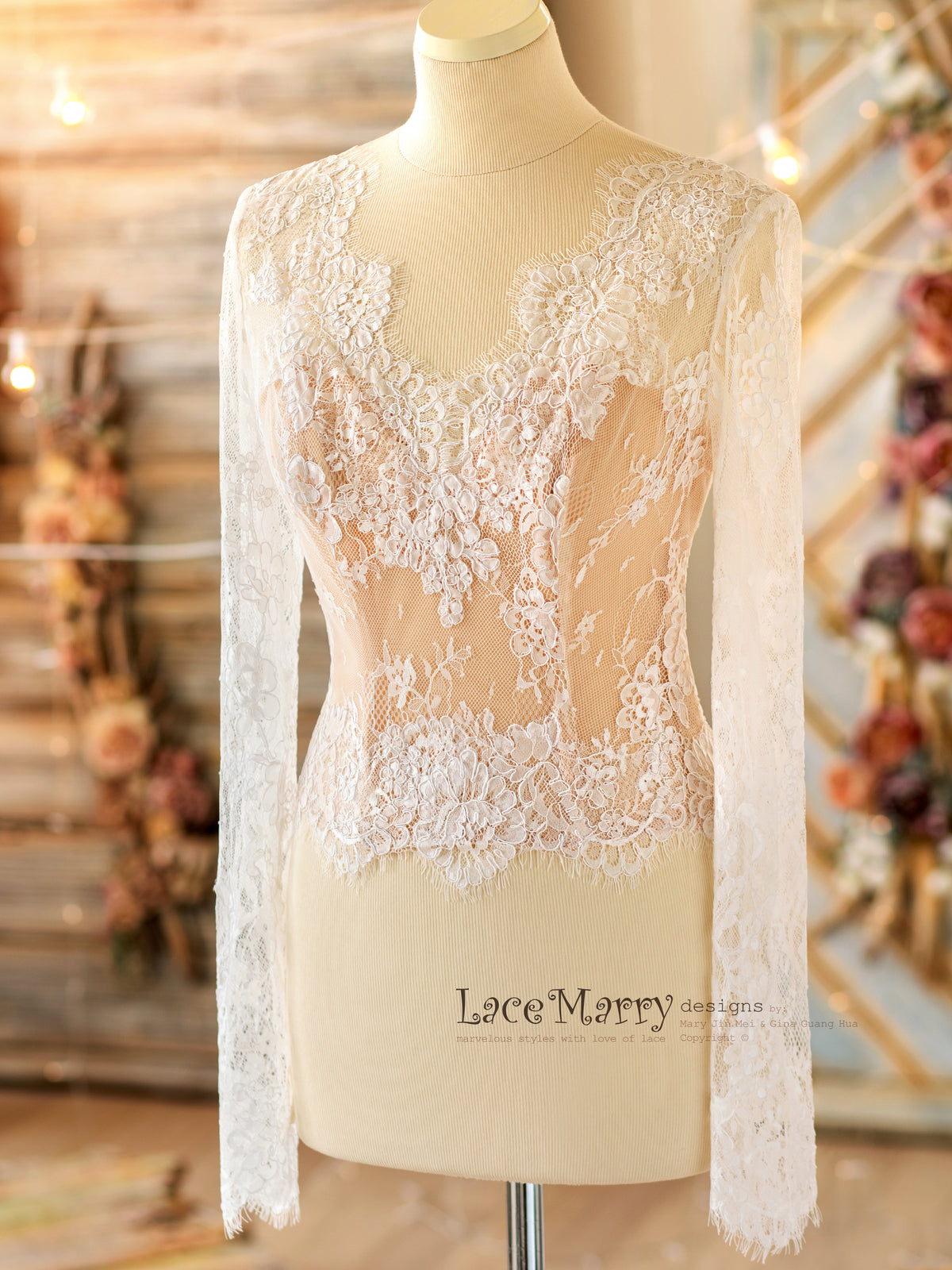 Boho Bridal Lace Top with V Neck and Long Lace Sleeves
