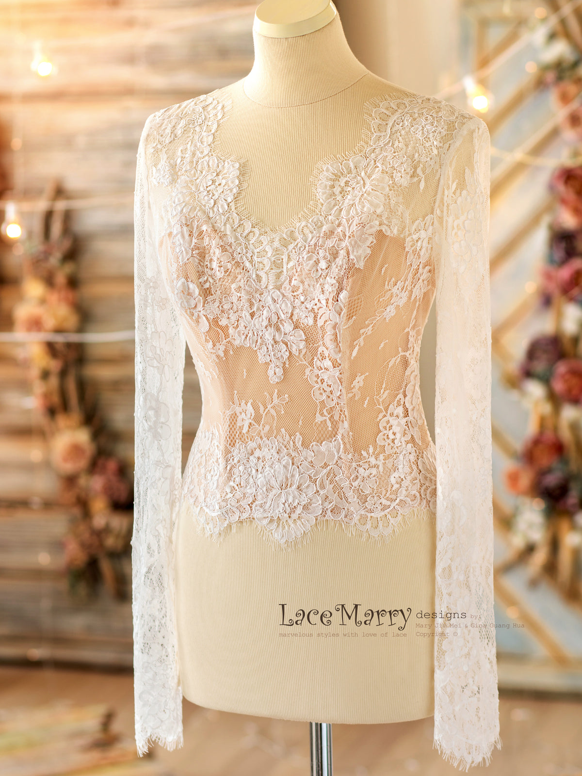 Long Lace Sleeves Bridal Top with V Cut Back LaceMarry