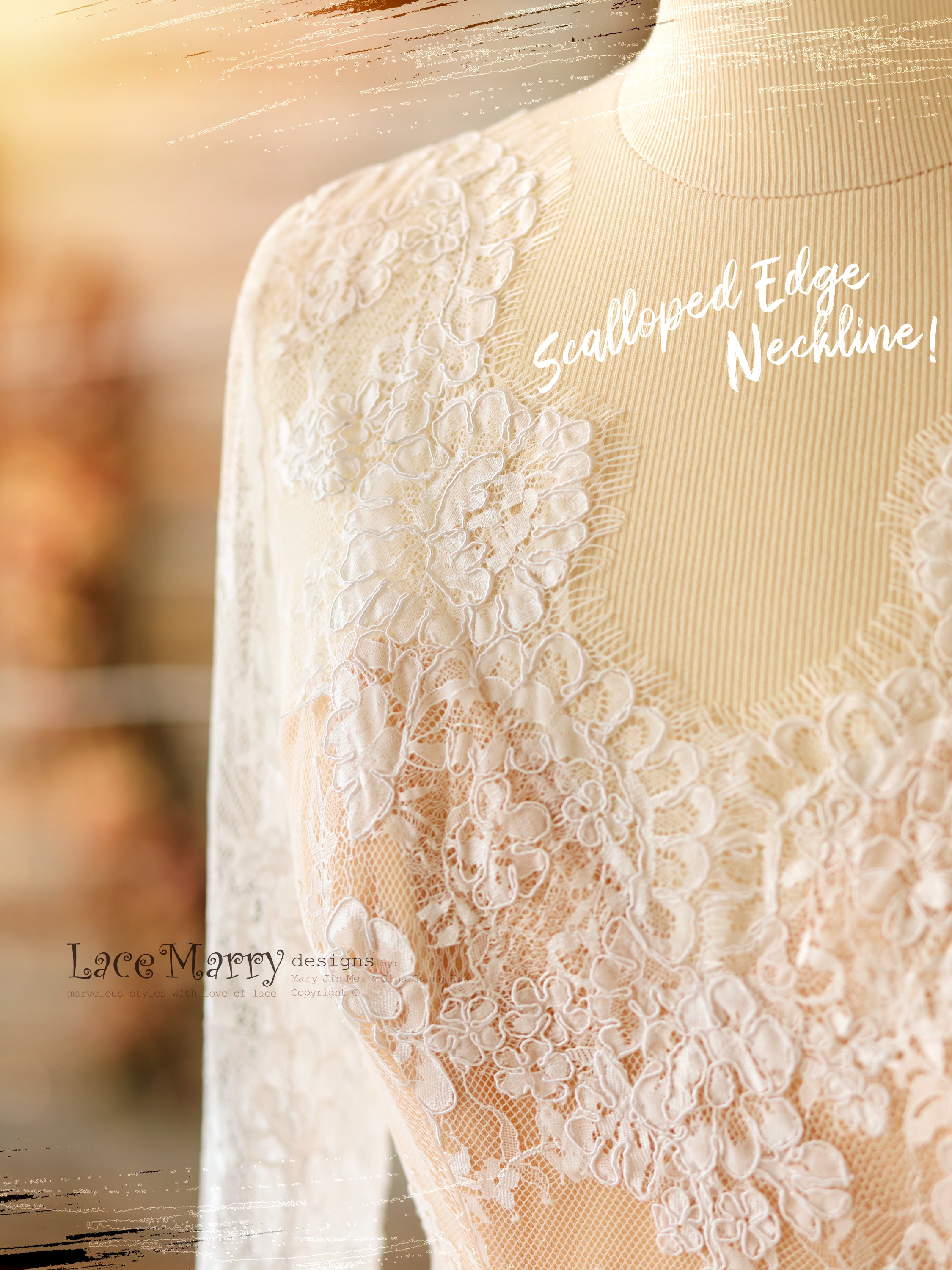 Fitted Wedding Dress Set with Long Lace Sleeves Top