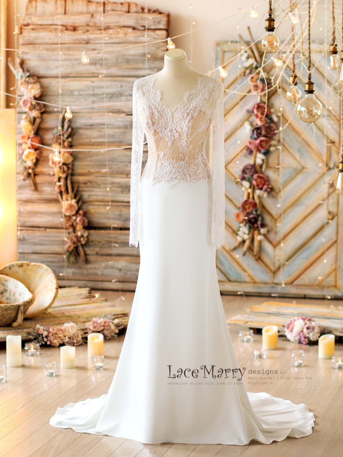 Long Lace Sleeves Bridal Top with V Cut Back