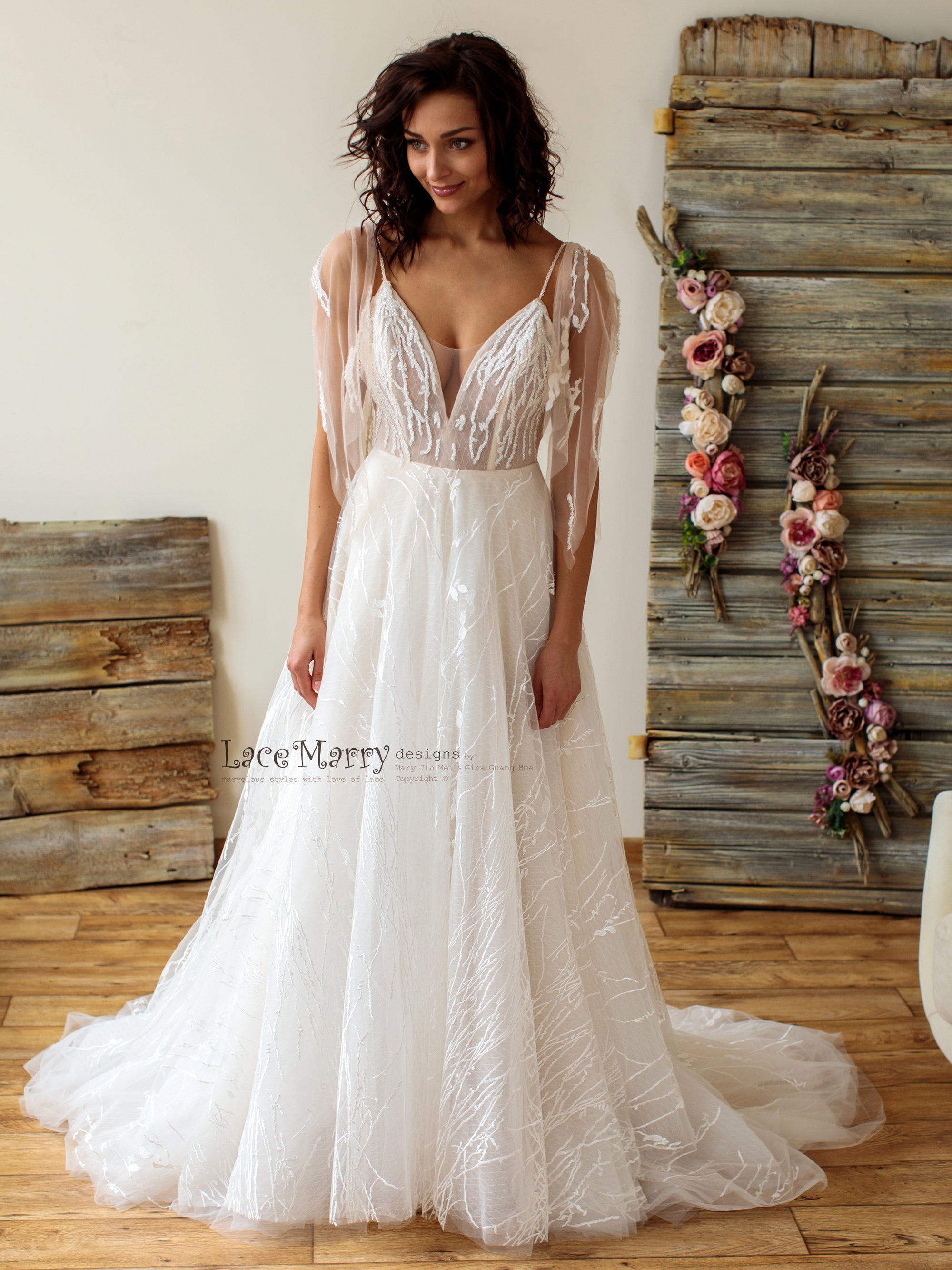Abstract Lace Wedding Dress with Deep V Neckline