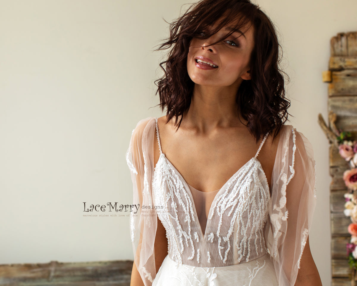 Wedding Dress with Thin Straps and Plunge Neckline