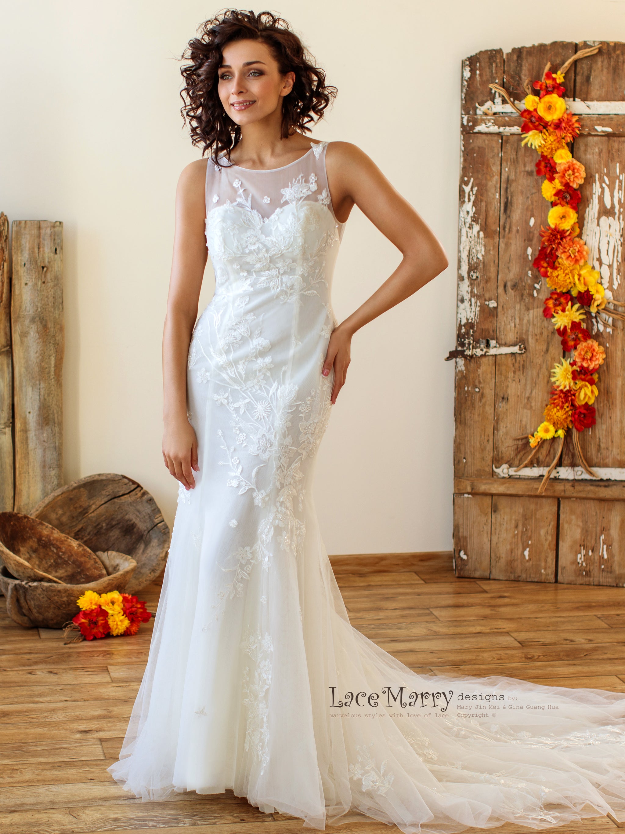 Fitted Lace Wedding Dress with Beaded Floral Appliques - LaceMarry Fitted Lace Wedding Dress with Beaded Floral Appliques - LaceMarry