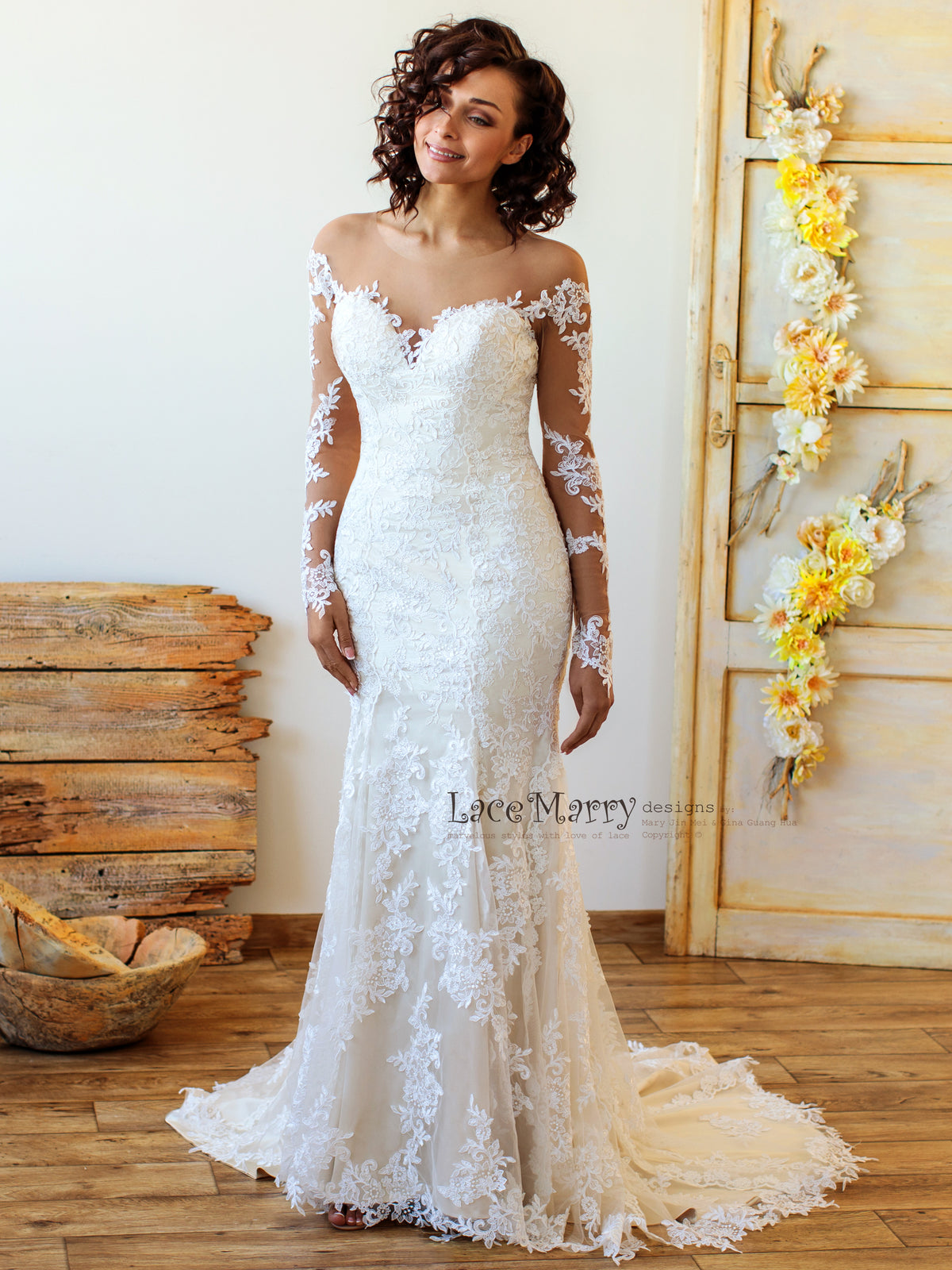 Fitted Wedding Dress with Fitted Long Lace Sleeves