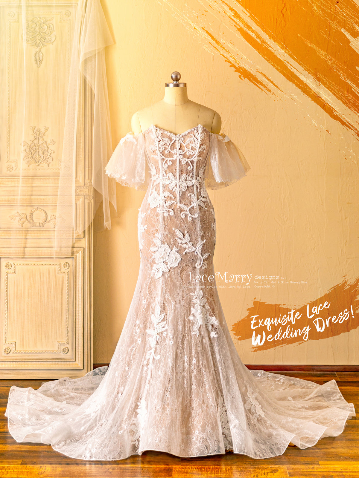 Amazing Lace Wedding Dress in Nude Color with Puffy Sleeves