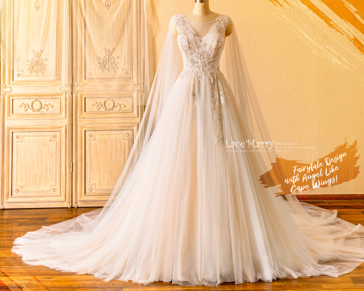 SAFFI / Fairytale Design Wedding Dress with Angel Like Cape Wings - LaceMarry SAFFI / Fairytale Design Wedding Dress with Angel Like Cape Wings - LaceMarry