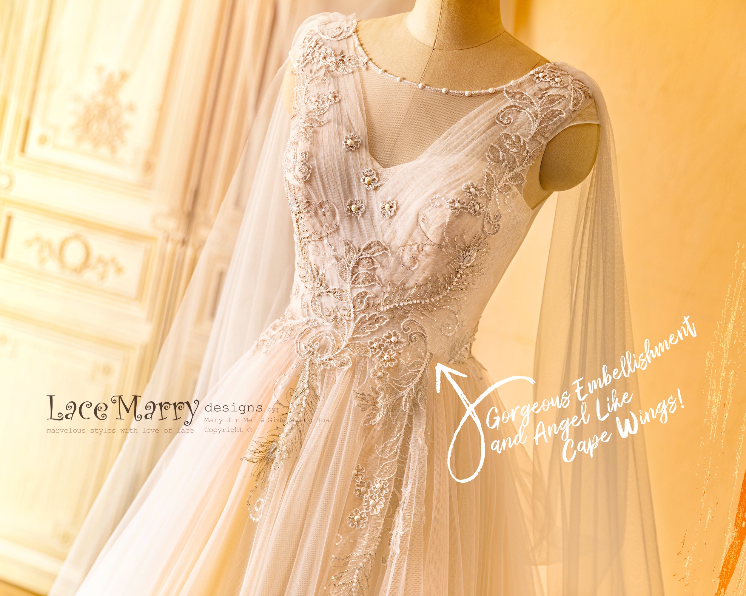 SAFFI / Fairytale Design Wedding Dress with Angel Like Cape Wings - LaceMarry SAFFI / Fairytale Design Wedding Dress with Angel Like Cape Wings - LaceMarry