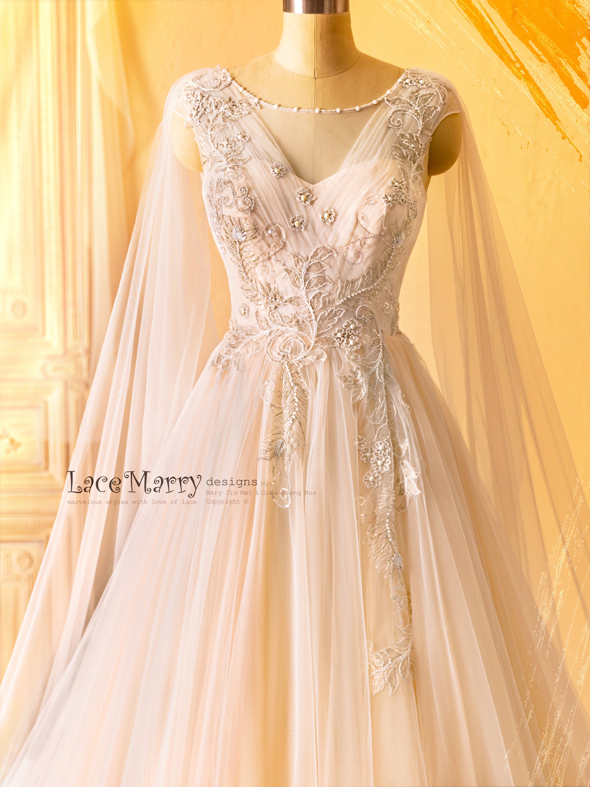 SAFFI / Fairytale Design Wedding Dress with Angel Like Cape Wings - LaceMarry SAFFI / Fairytale Design Wedding Dress with Angel Like Cape Wings - LaceMarry