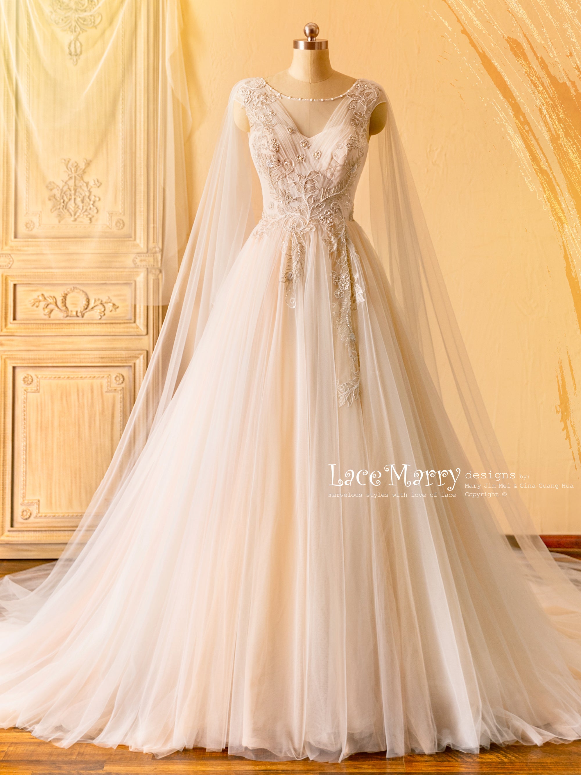 Tulle Cape Wedding Dress with A Line Skirt