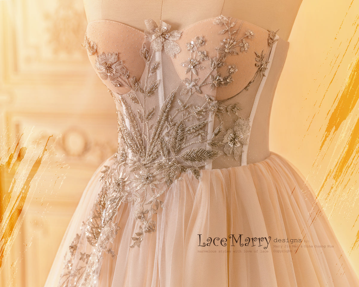 Flower Applique Decorated Wedding Dress with Intricate Beading