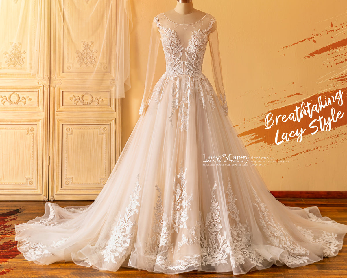 Breathtaking Lace Wedding Dress with A Line Skirt