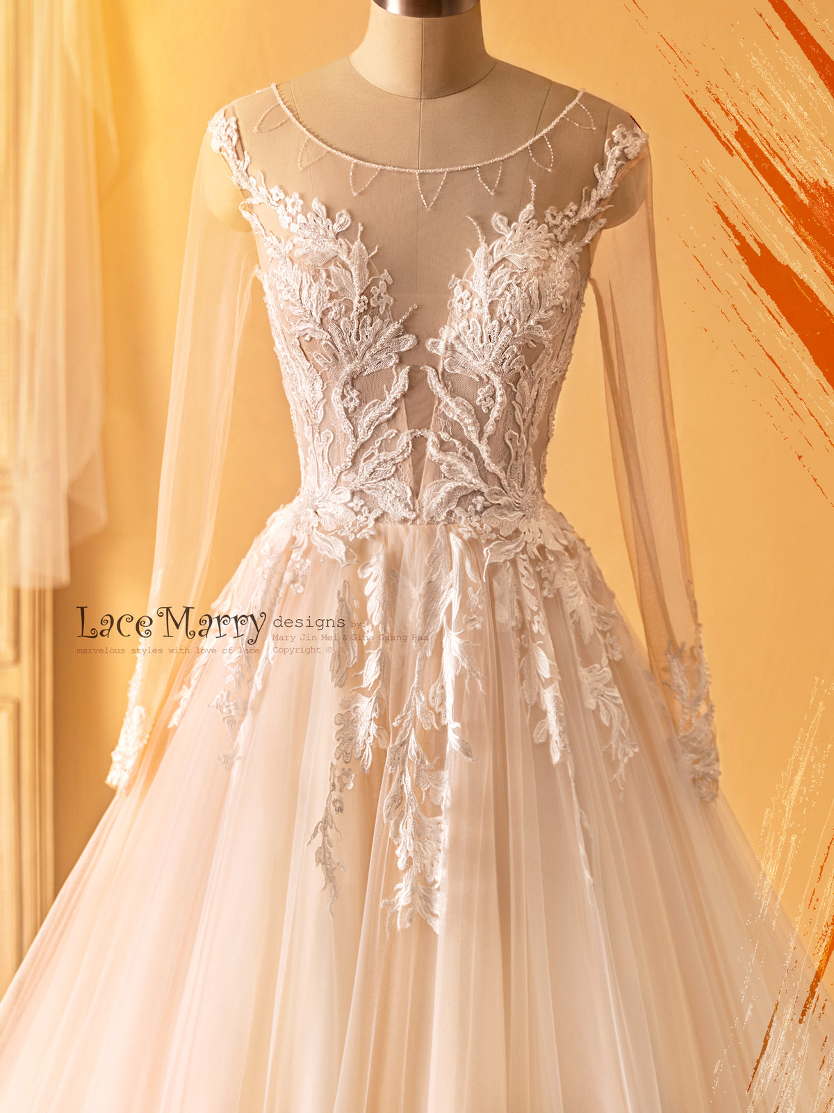 Long Sleeve Wedding Dress with Amazing Flower Appliques and Beading