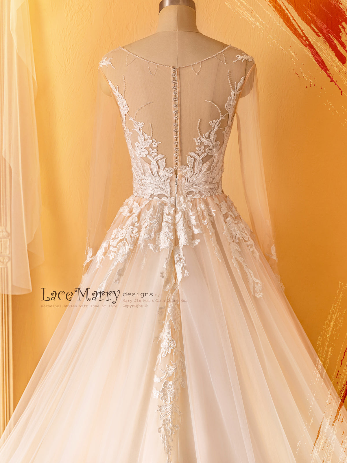 Illusion Back Wedding Dress with Long Sleeves
