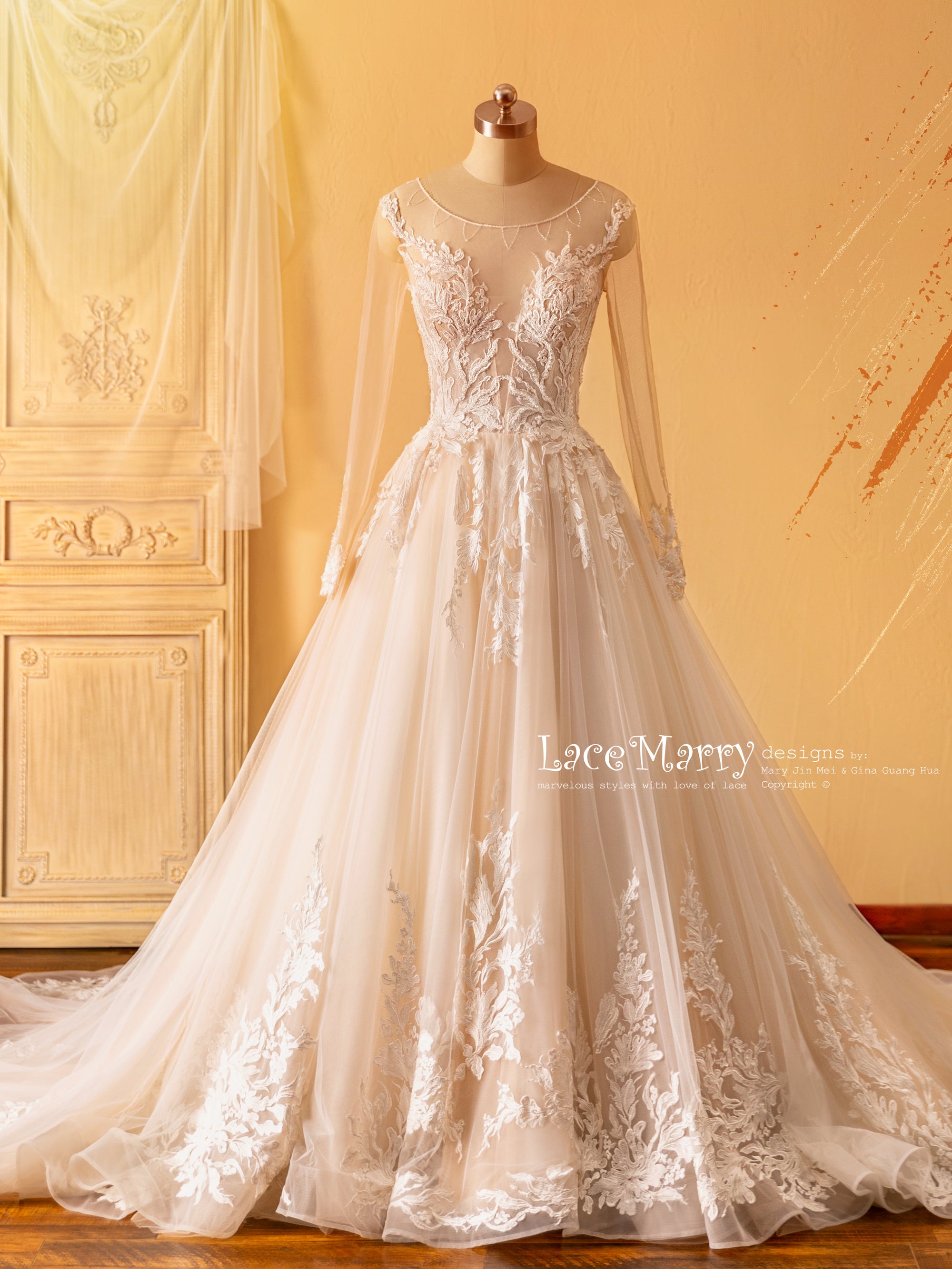 Long Sleeves A Line Wedding Dress with Amazing Flower Appliques