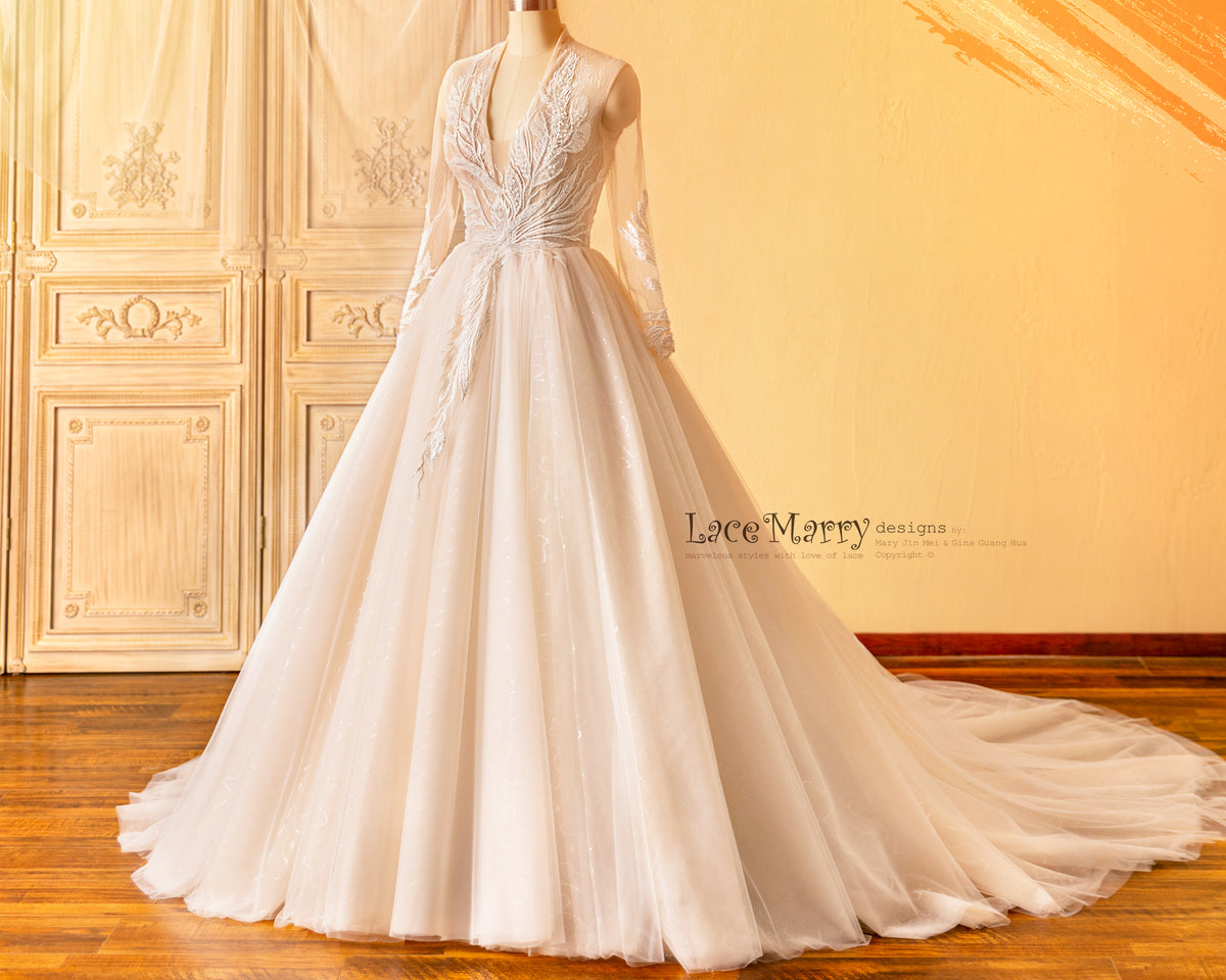 Wide A Line Sparkling Skirt Wedding Dress with Long Train