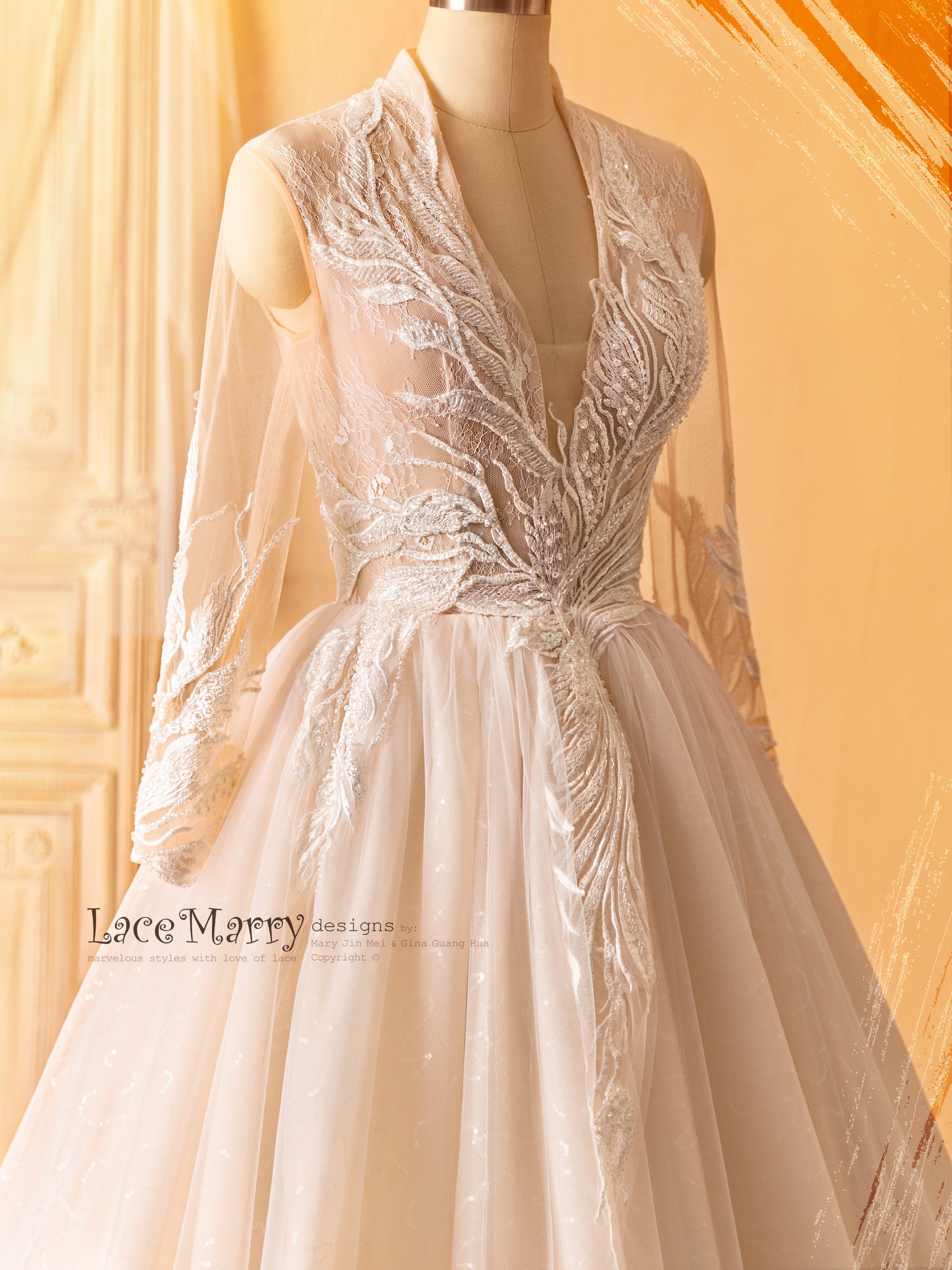 Deep V Neckline Wedding Dress with Amazing Flower Appliques