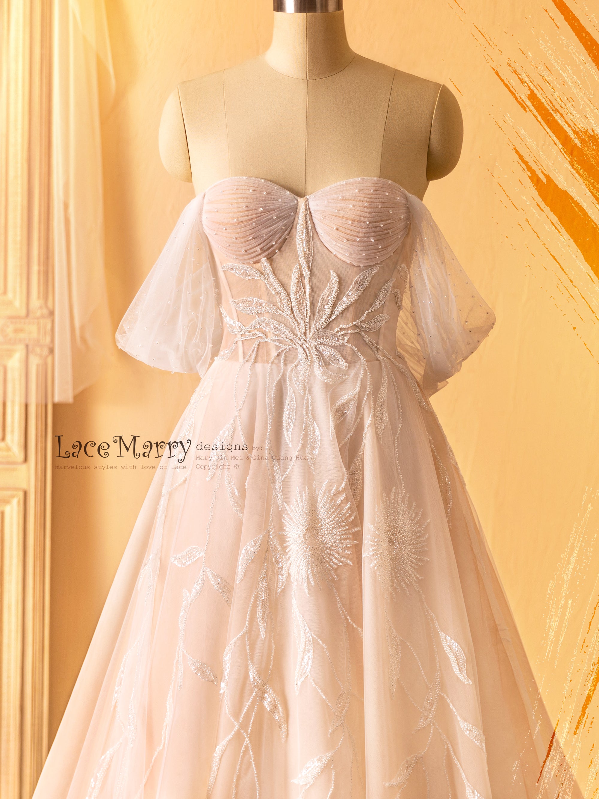 A Line Boho Wedding Dress with Off the Shoulder Straps