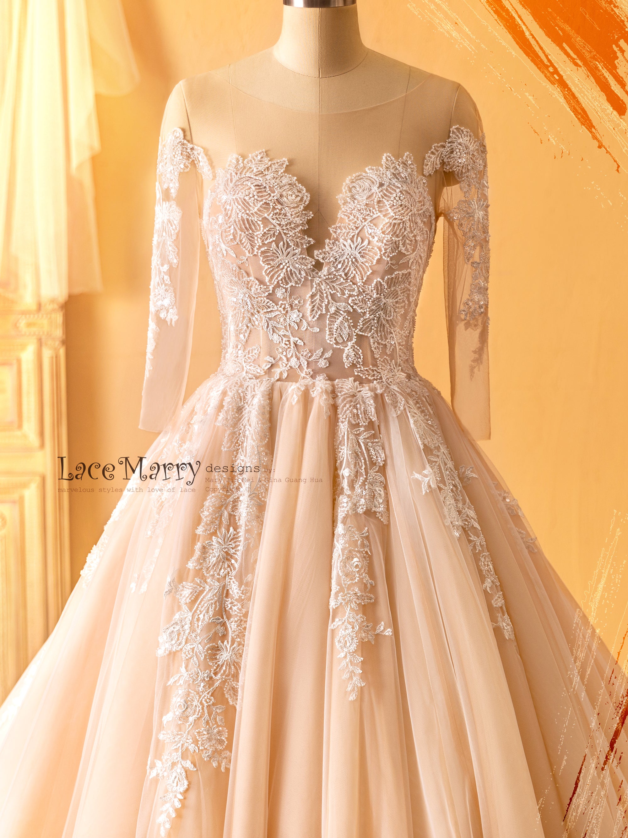 Illusion Wedding Dress with Breathtaking Beaded Flowers